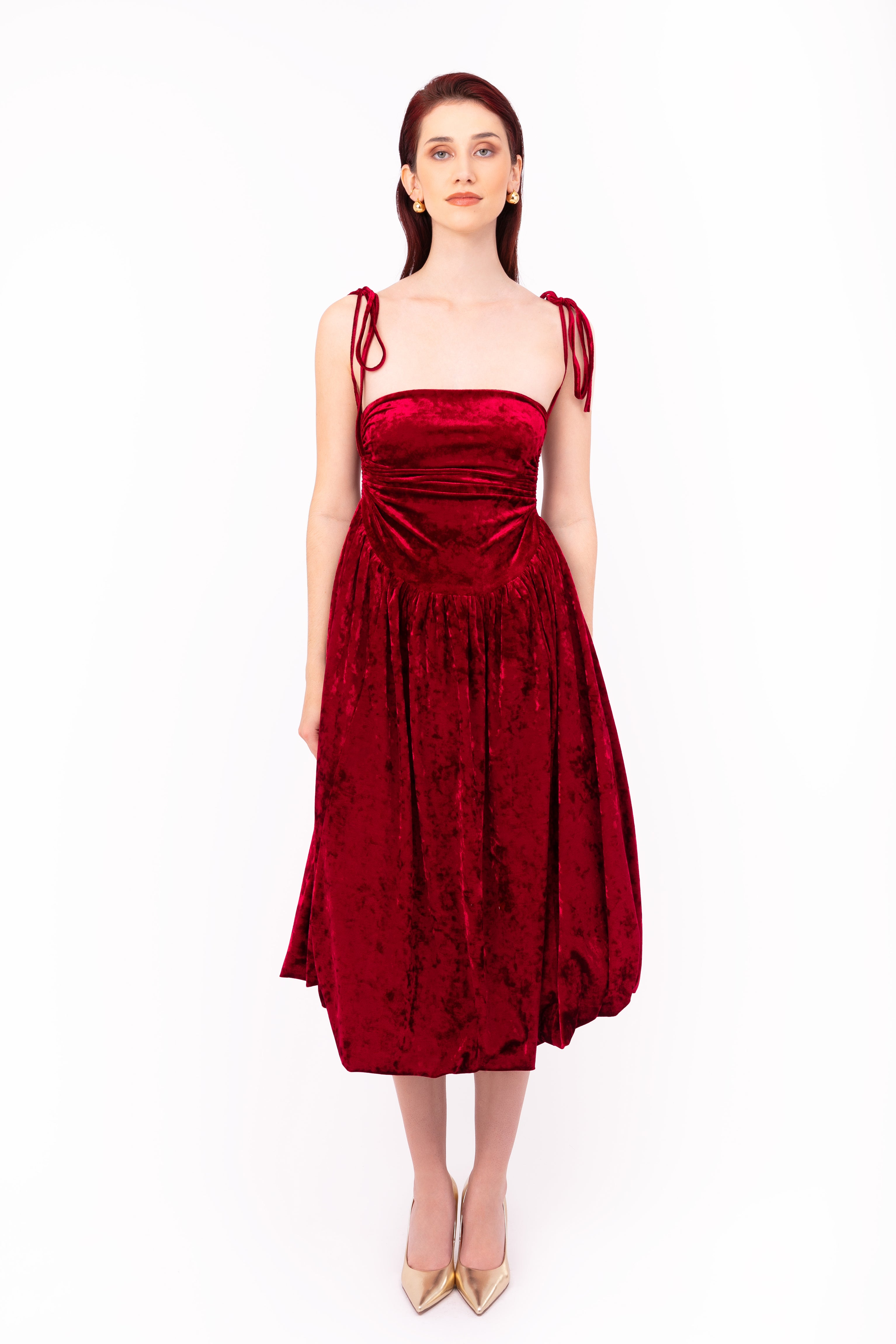 Alexa Maroon Velvet Puffball Dress