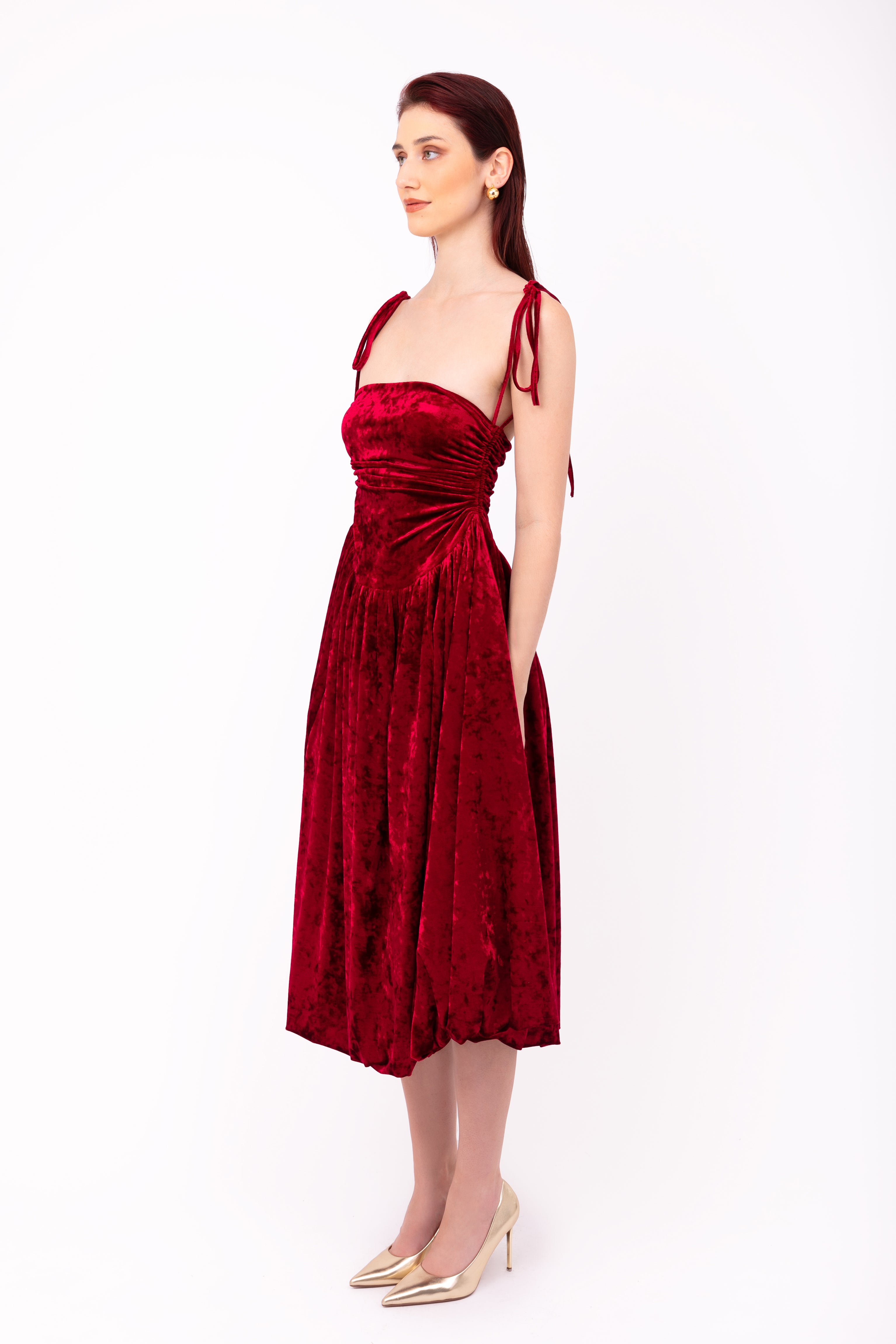 Alexa Maroon Velvet Puffball Dress