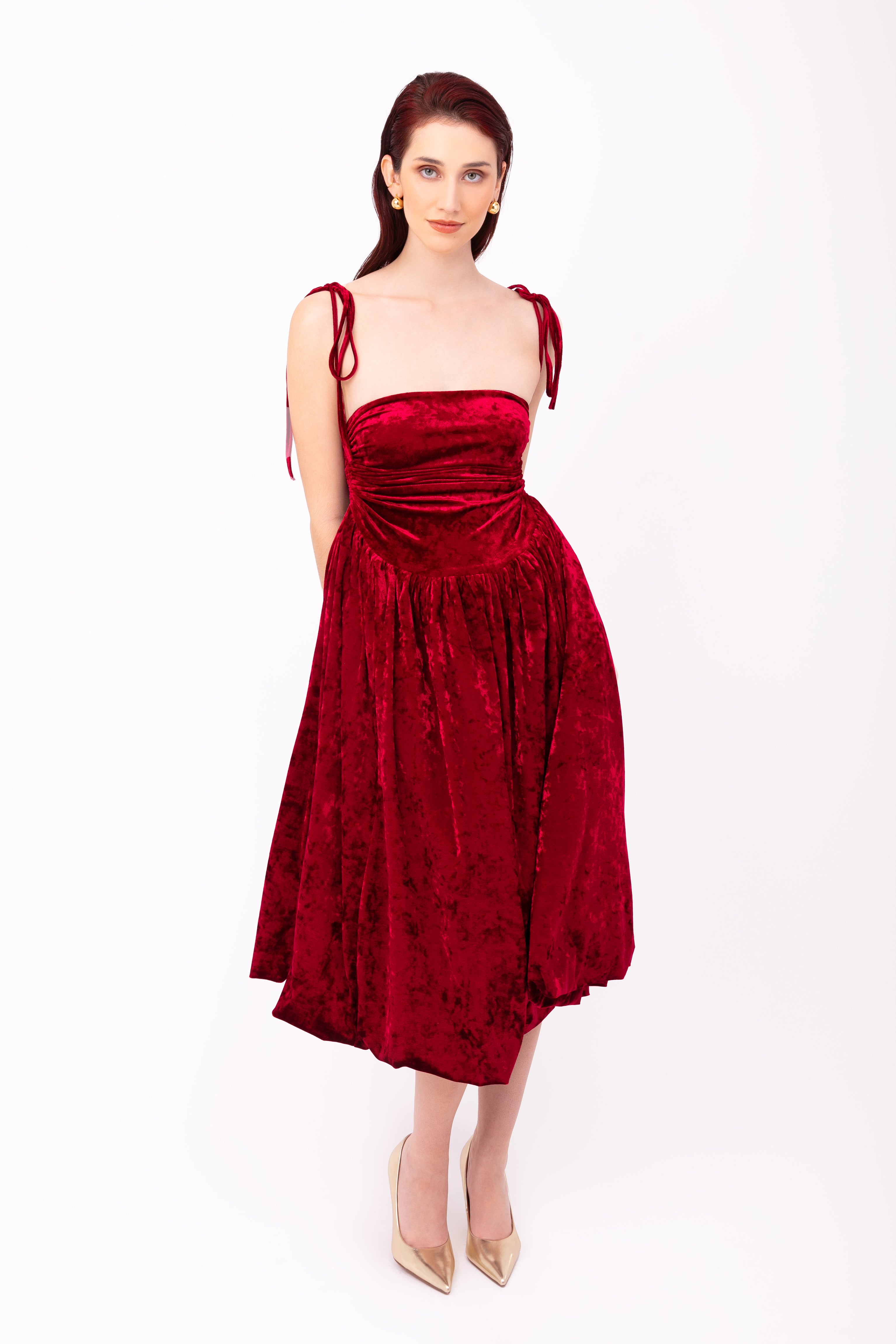 Alexa Maroon Velvet Puffball Dress