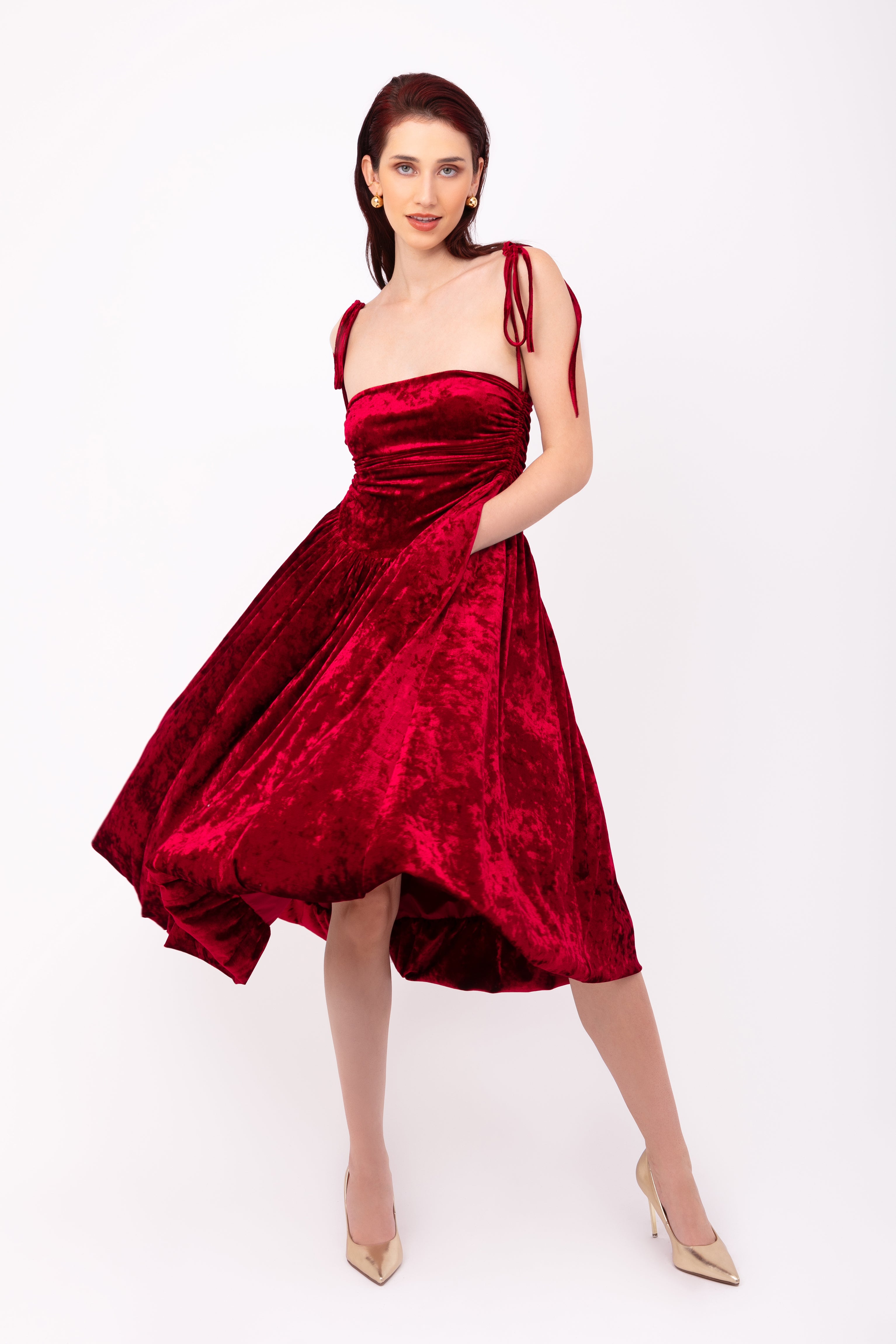 Alexa Dark Red Velvet Puffball Dress