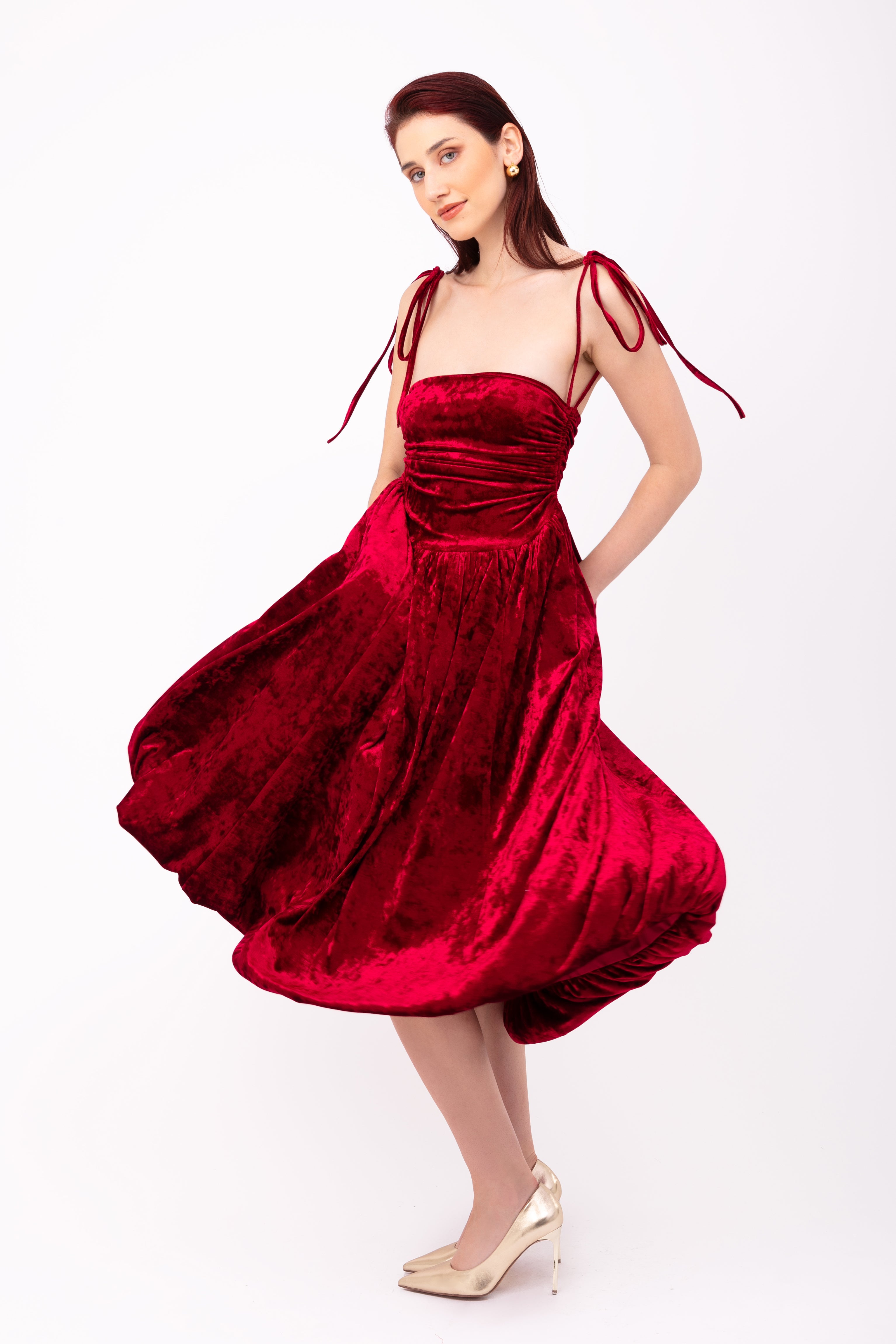 Alexa Maroon Velvet Puffball Dress