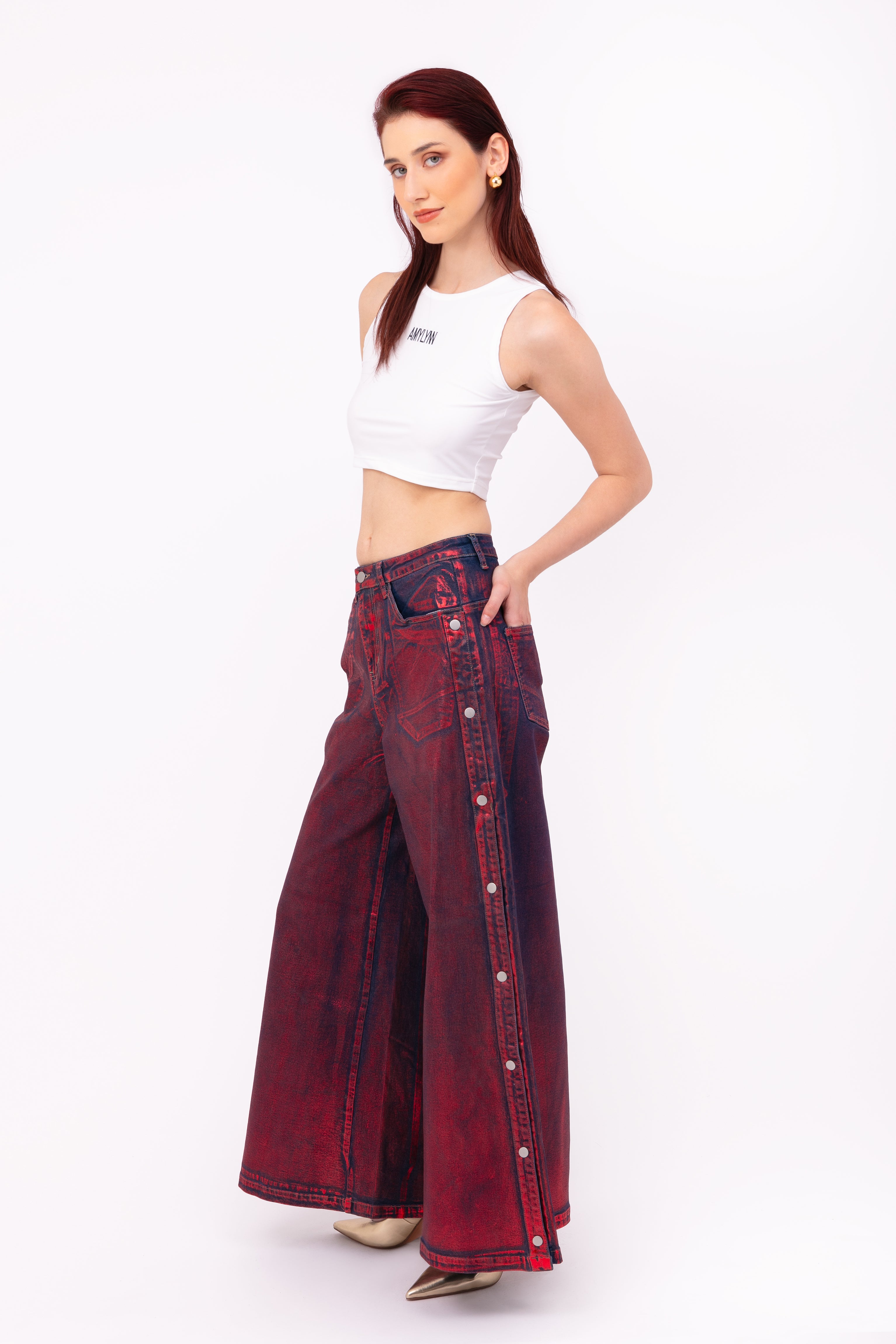 Wren Red Foil Coated Denim Trousers