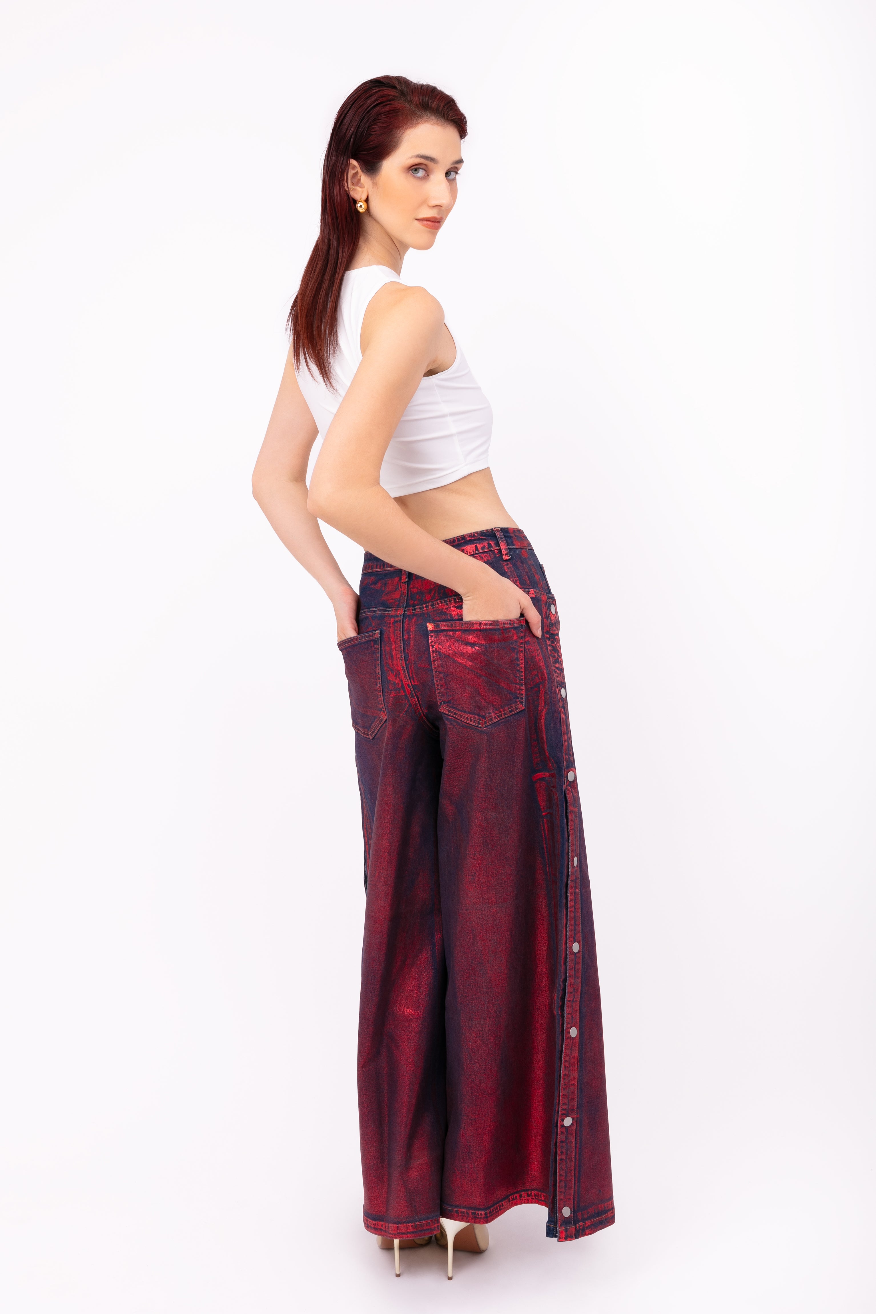 Wren Red Foil Coated Denim Trousers