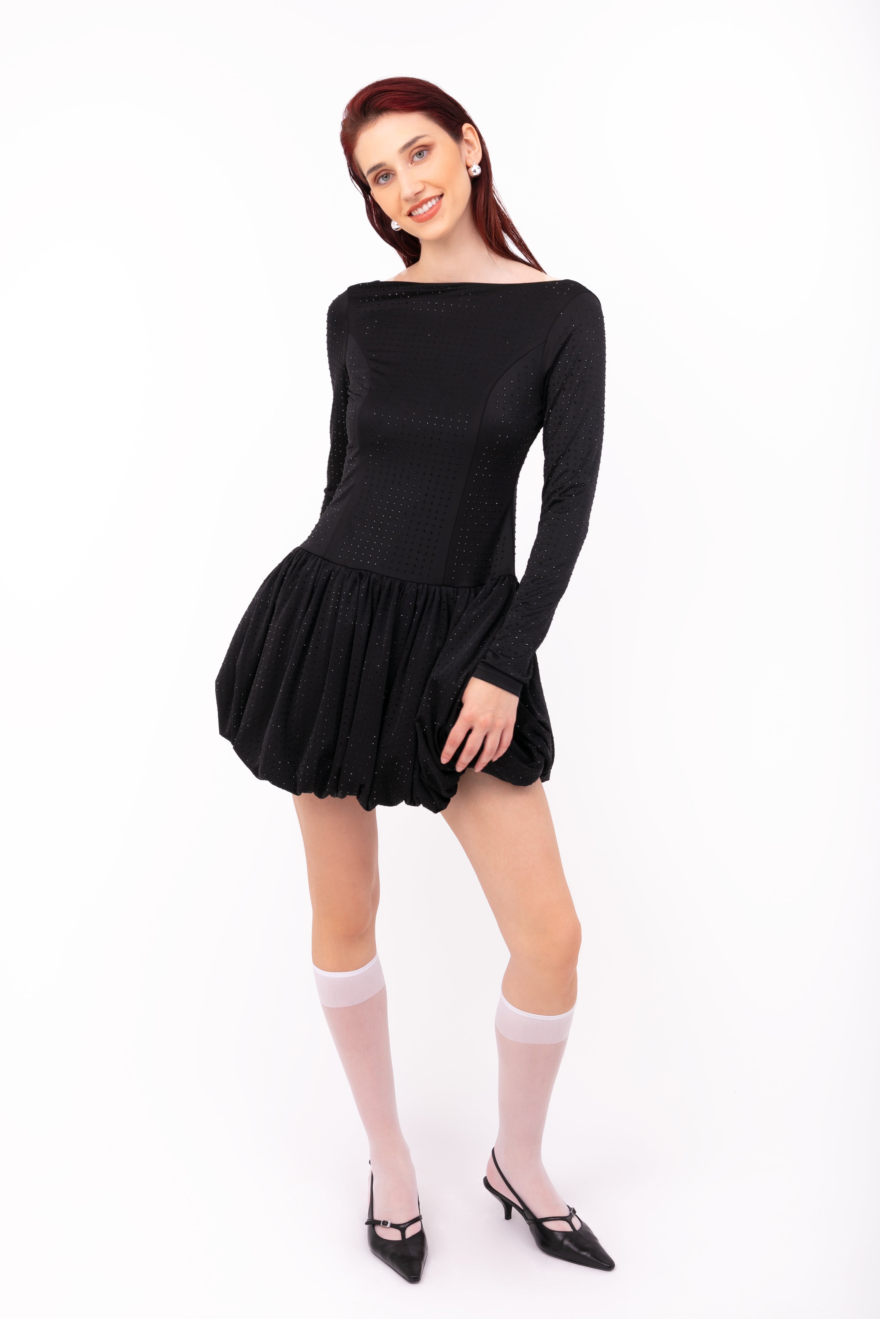 Deva Black Embellished Puffball Mini Dress