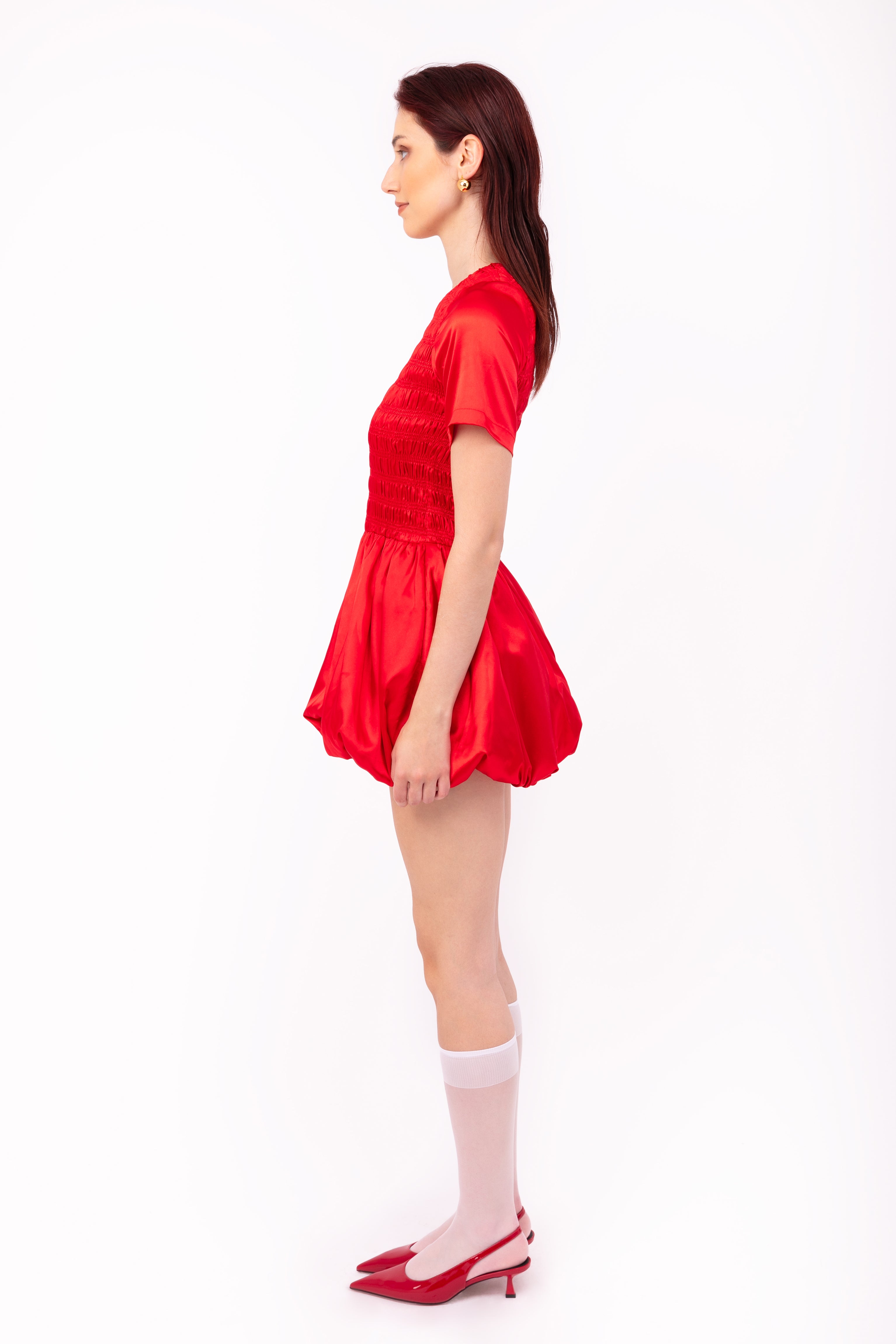 Elenor Red Satin Puffball Ultra Mini Dress