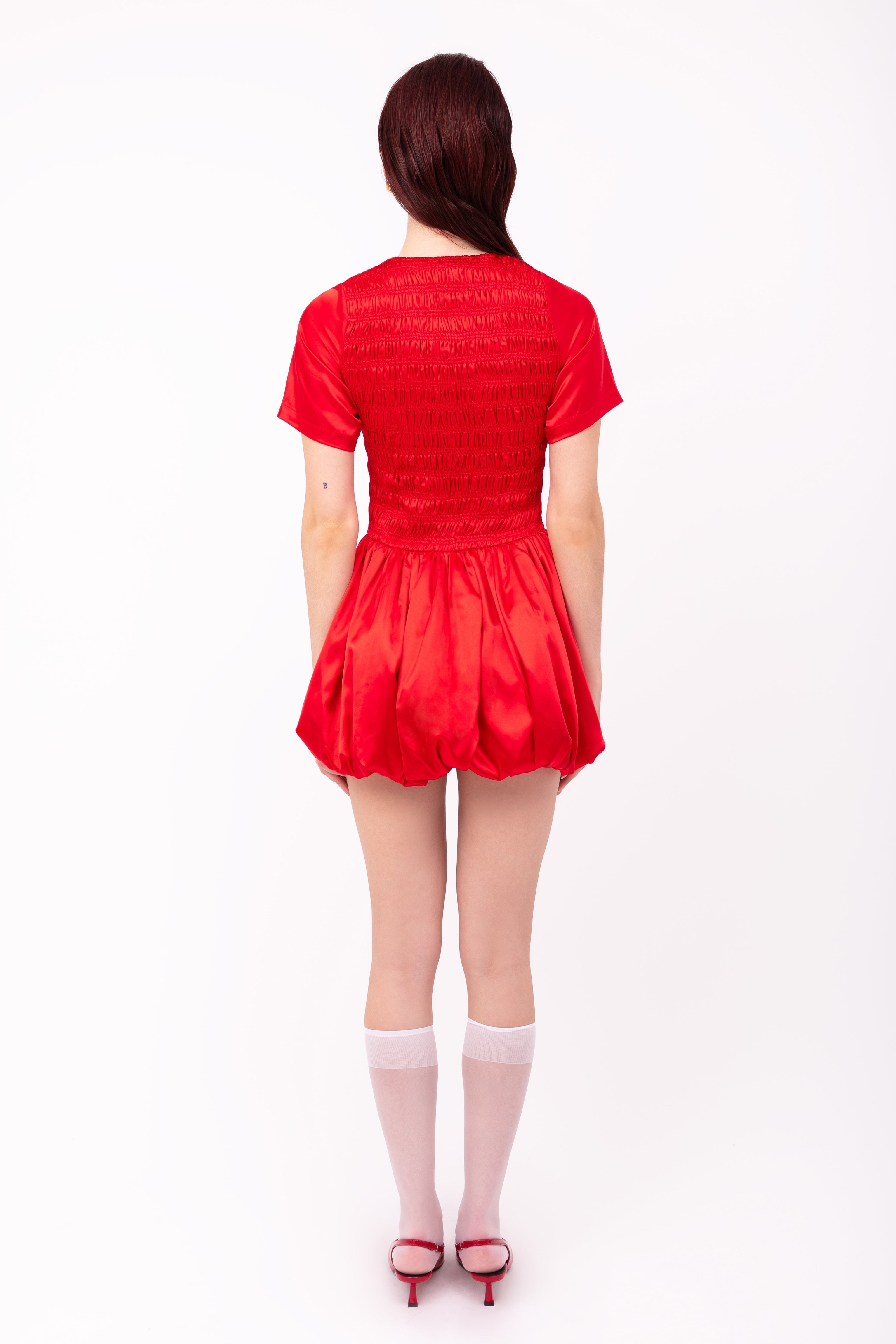 Elenor Red Satin Puffball Ultra Mini Dress