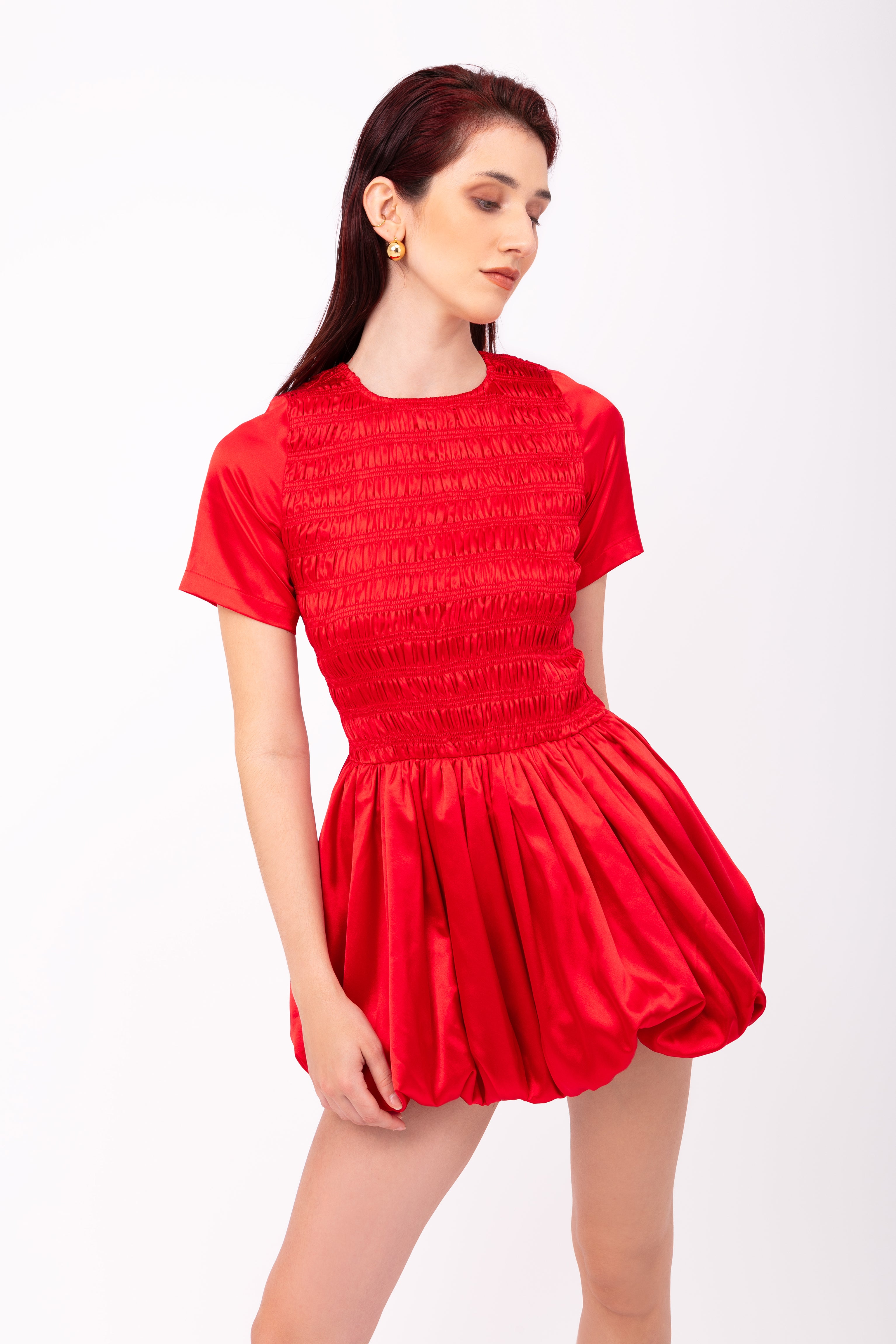 Eleanor Red Satin Puffball Ultra Mini Dress