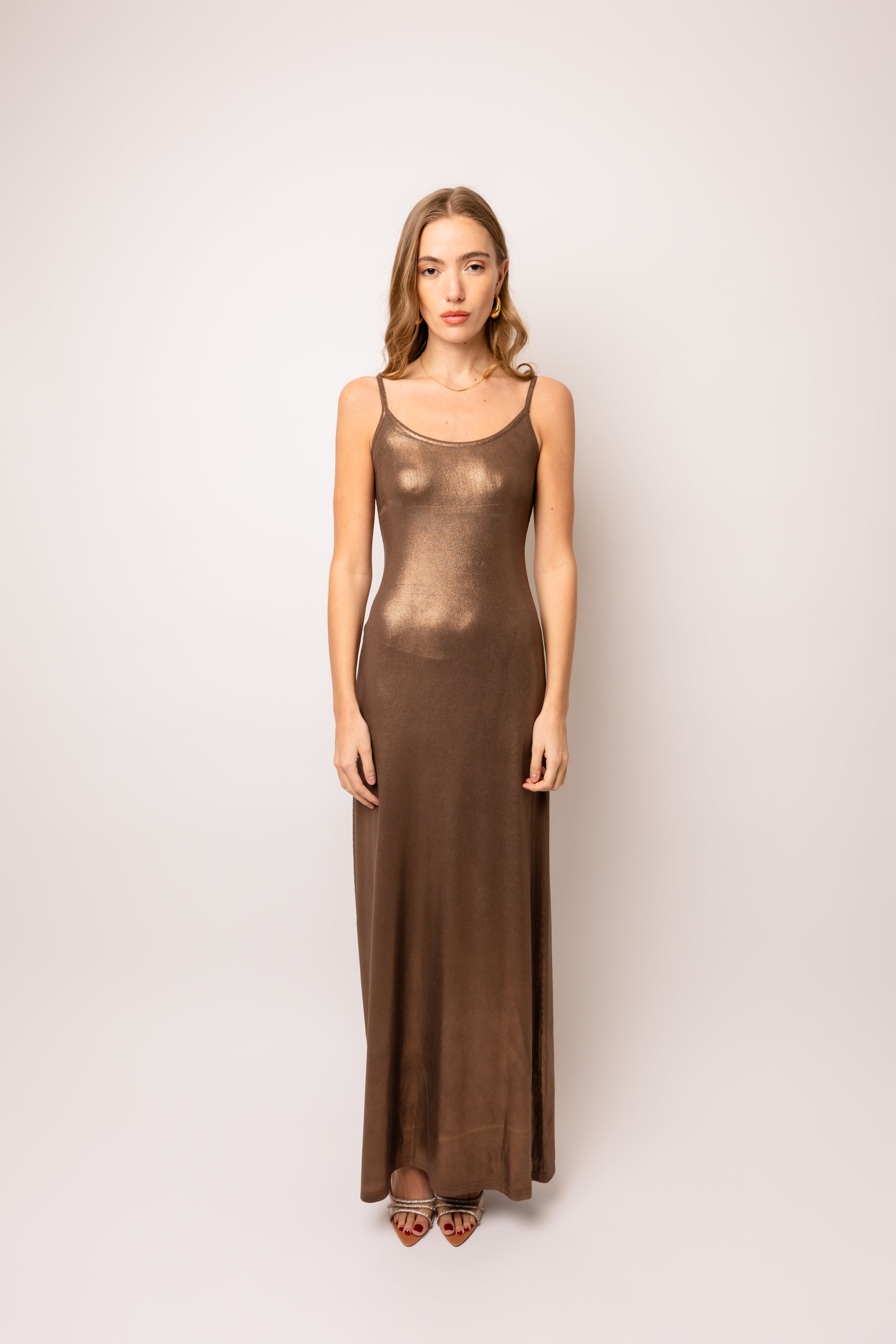 Kimber Brown Metallic Maxi Dress
