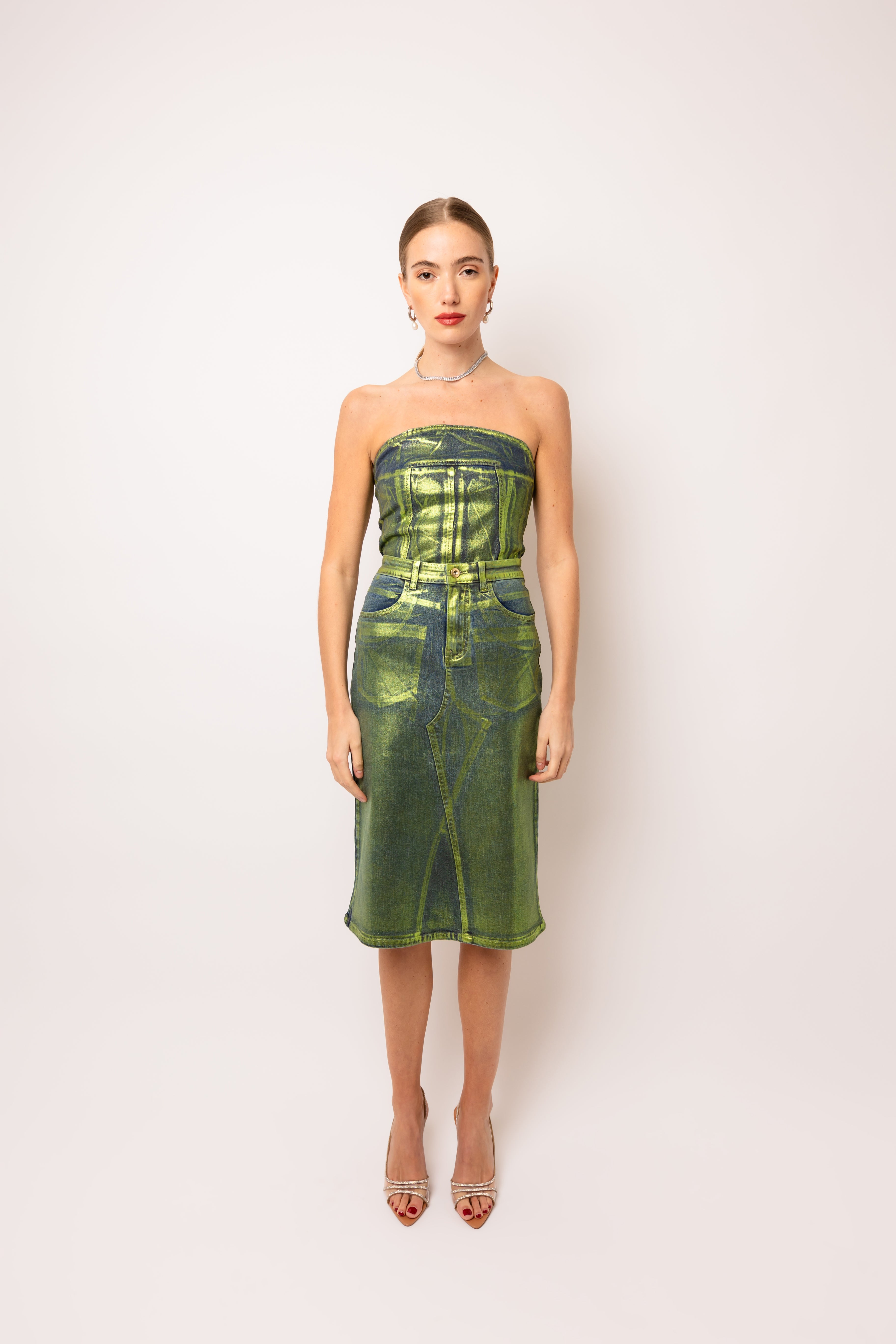 Clara Green Denim Foil Coated Midi Skirt