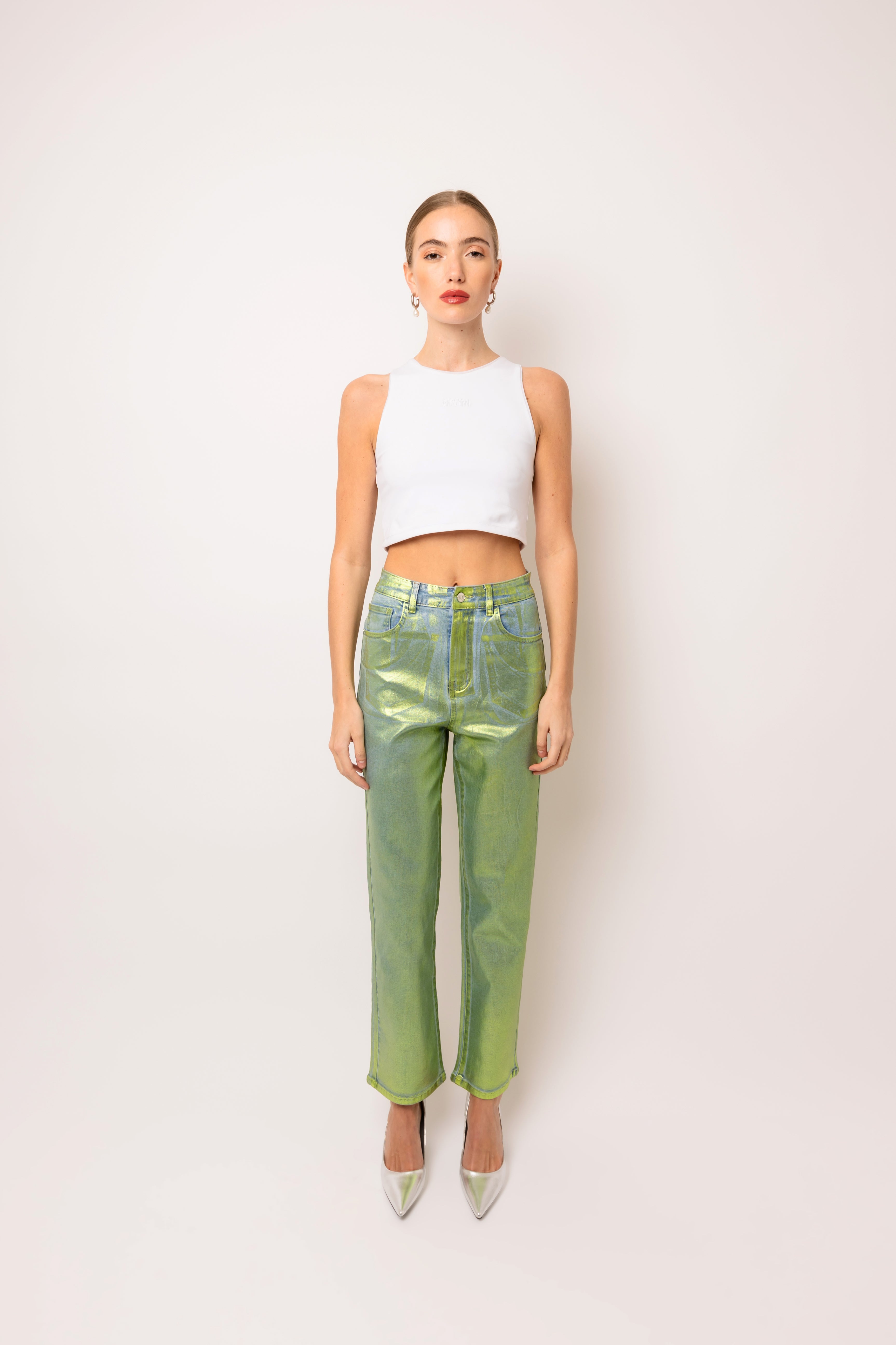 Lupe Green Denim Foil Coated Trousers