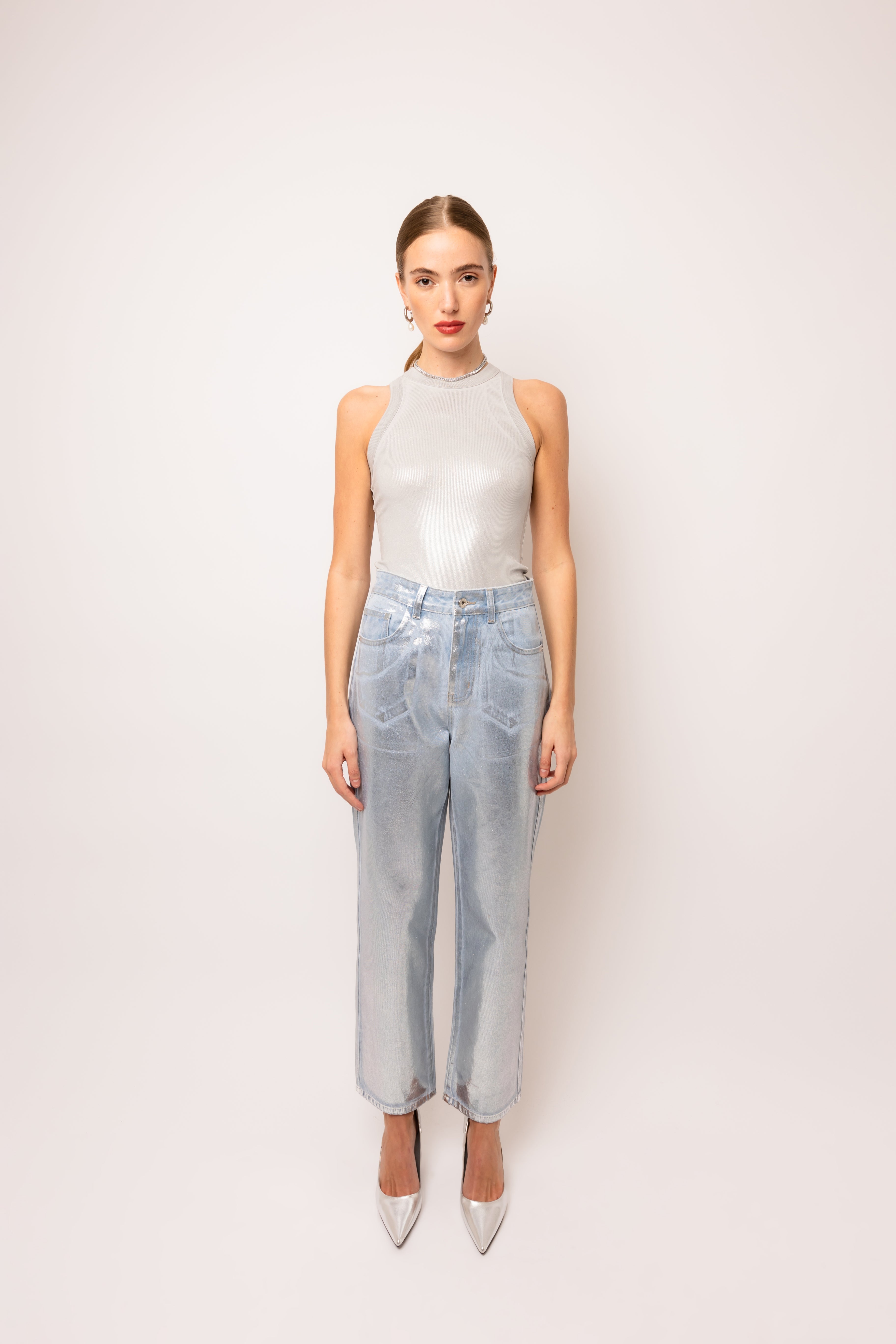 Lupe Silver Denim Coated Trousers