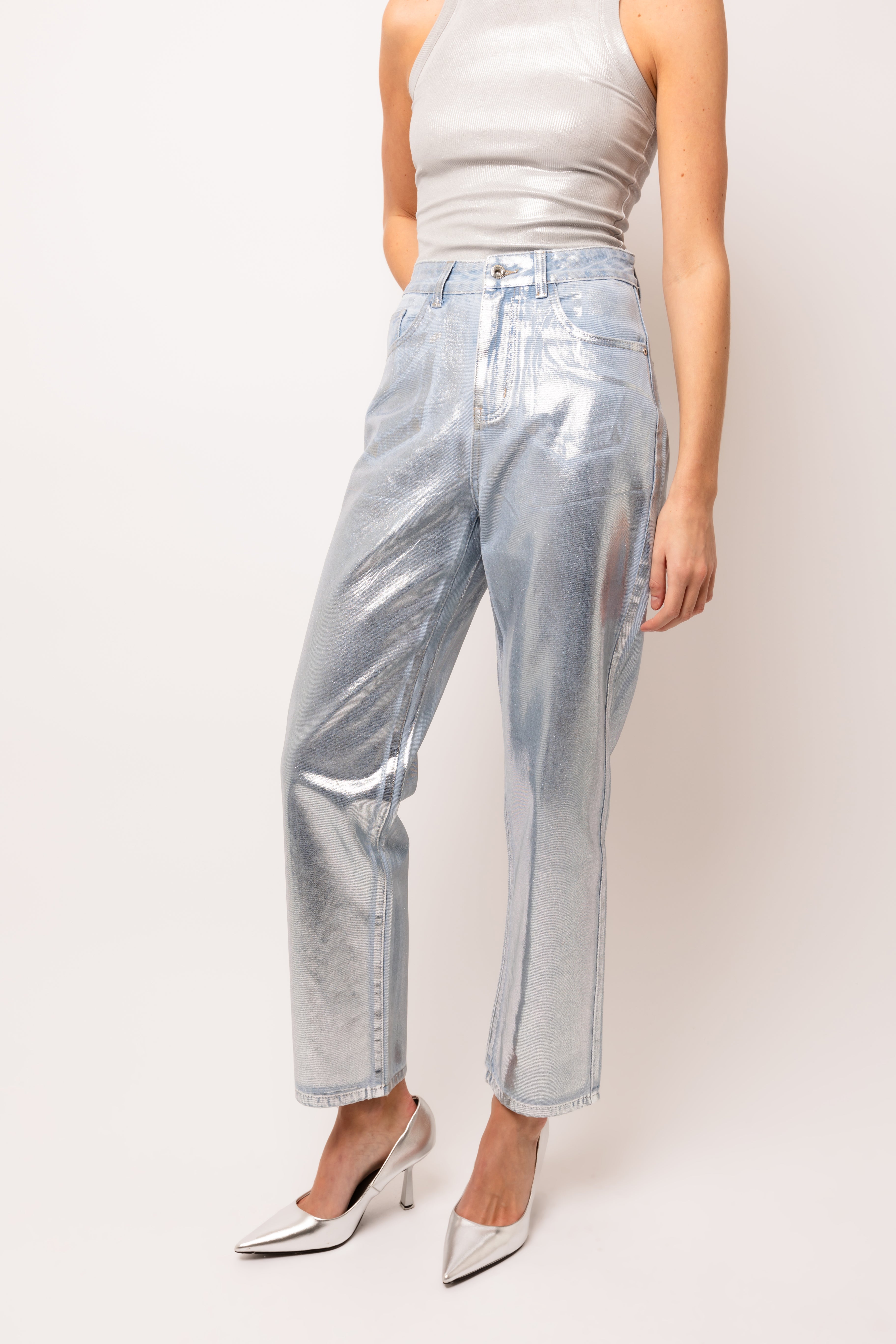 Lupe Silver Denim Coated Trousers