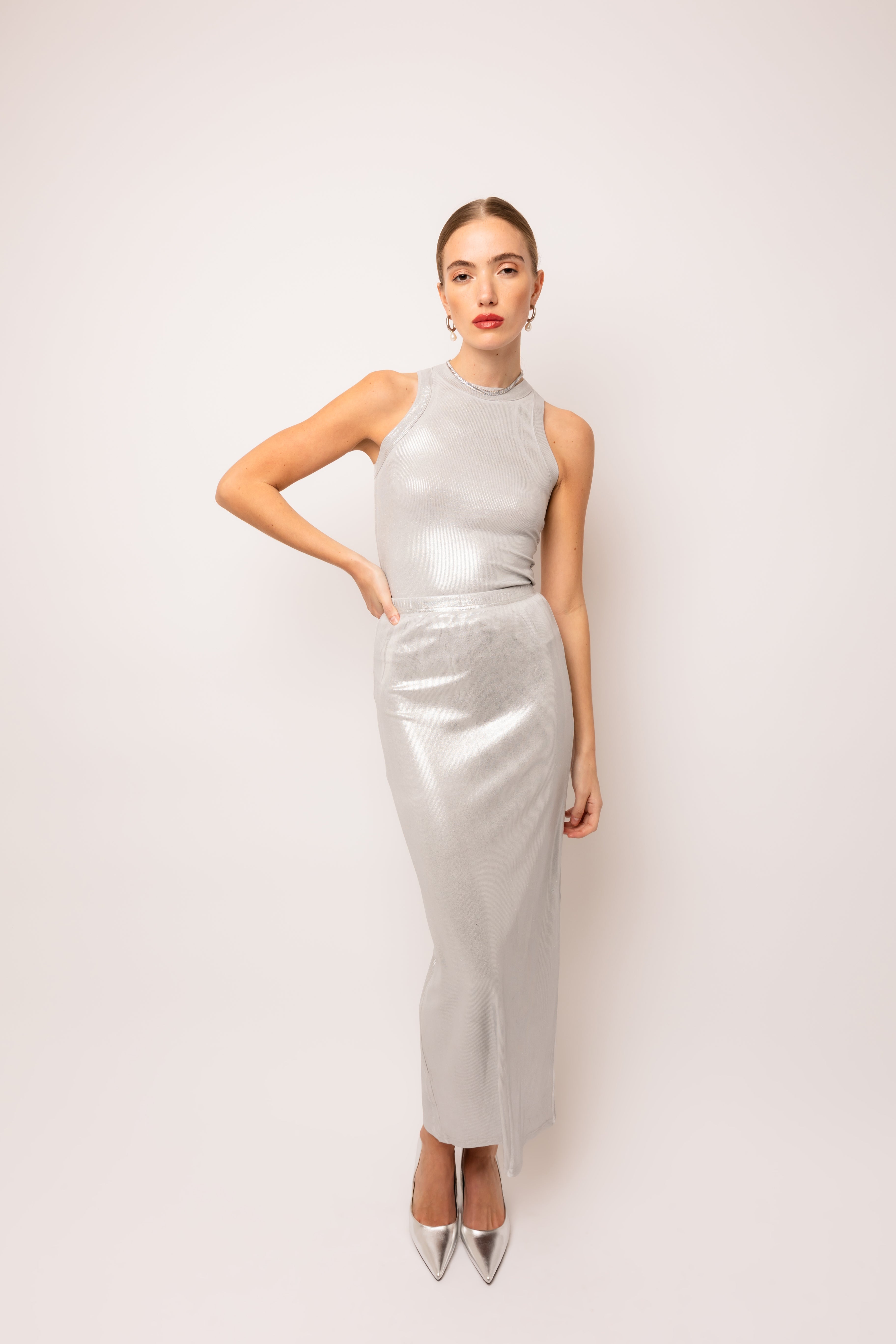 Lulu Silver Metallic Maxi Skirt