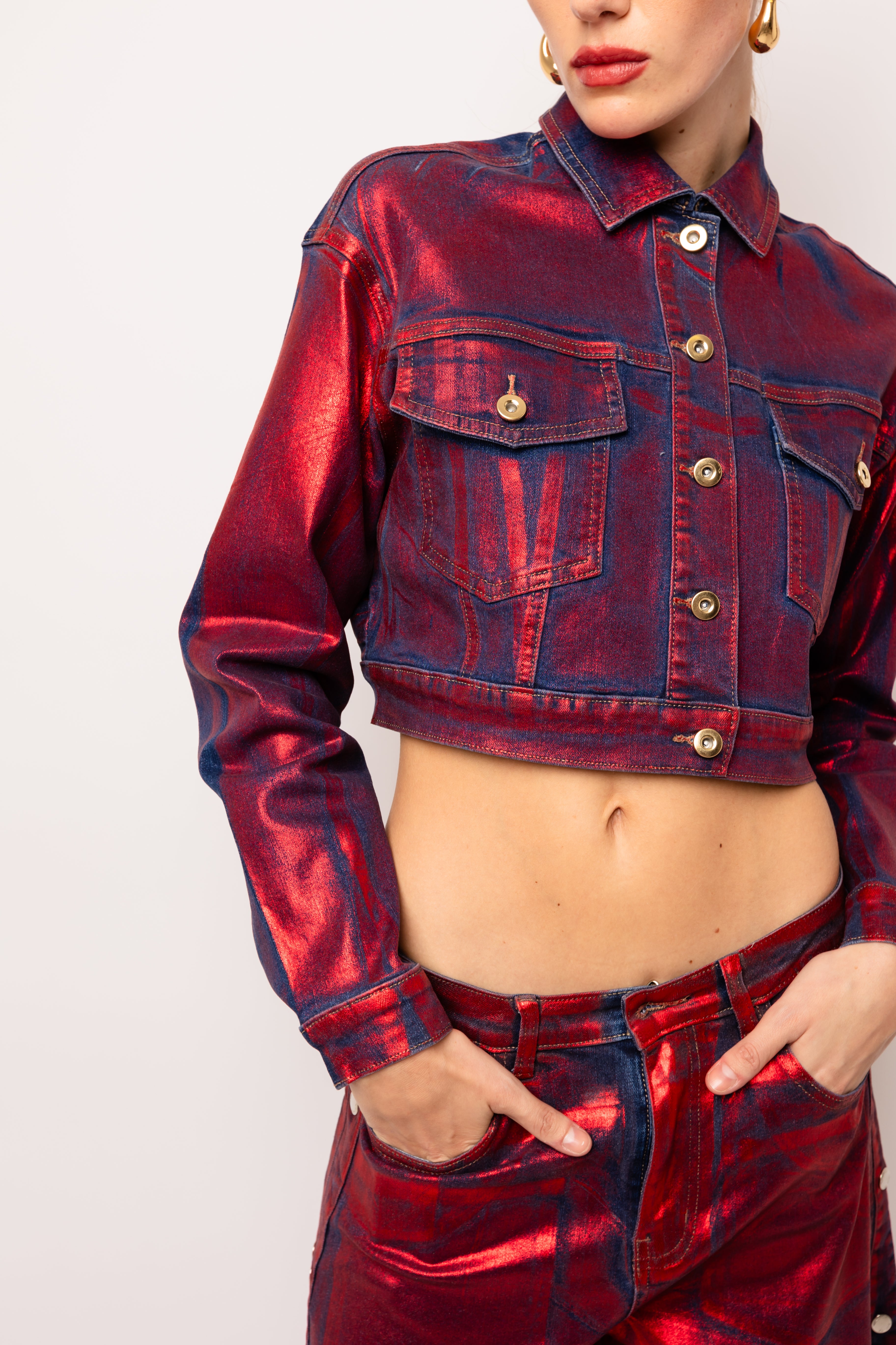 Halle Red Foil Coated Denim Jacket