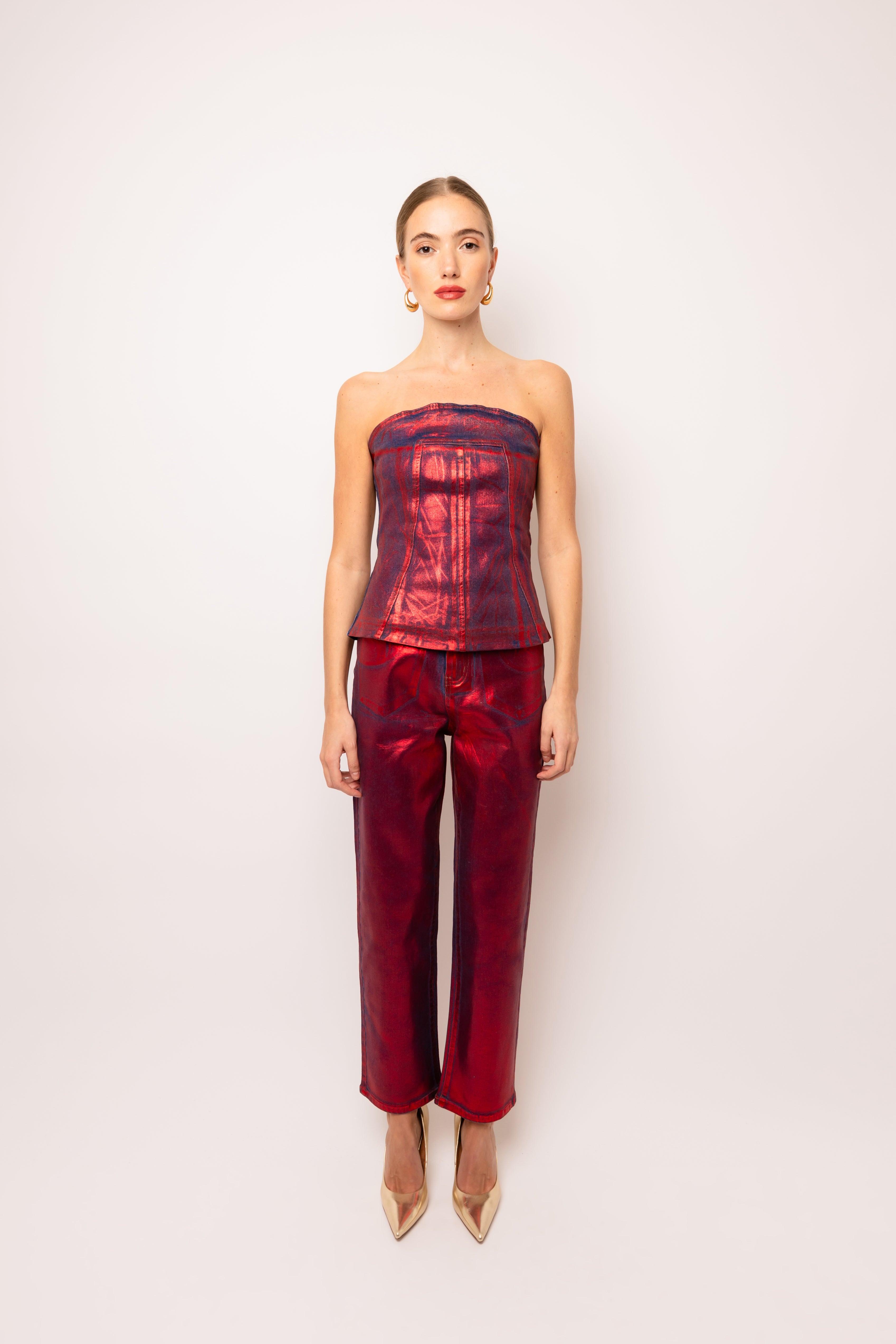 Johanna Red Denim Foil Coated Top