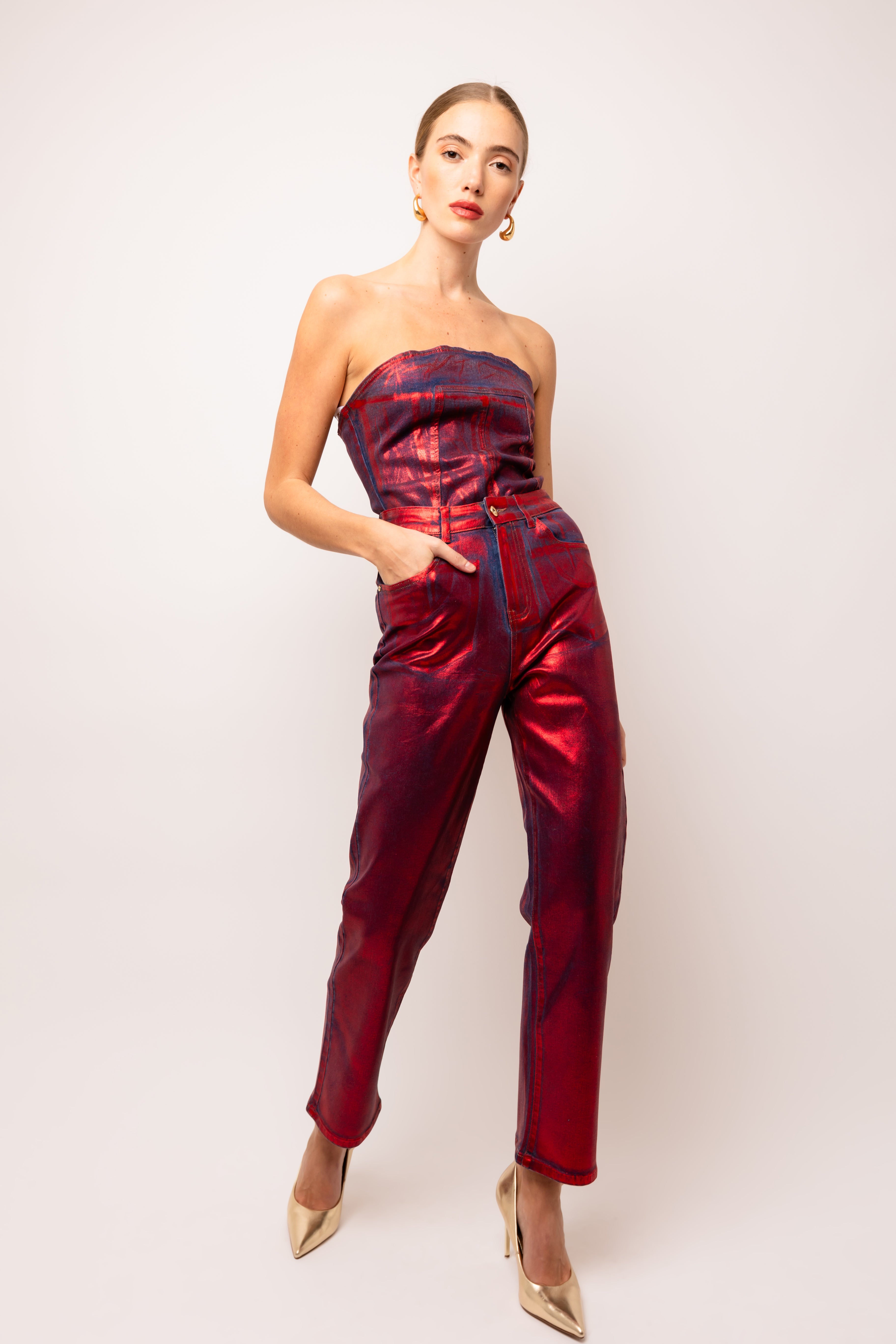 Lupe Red Denim Foil Coated Trousers