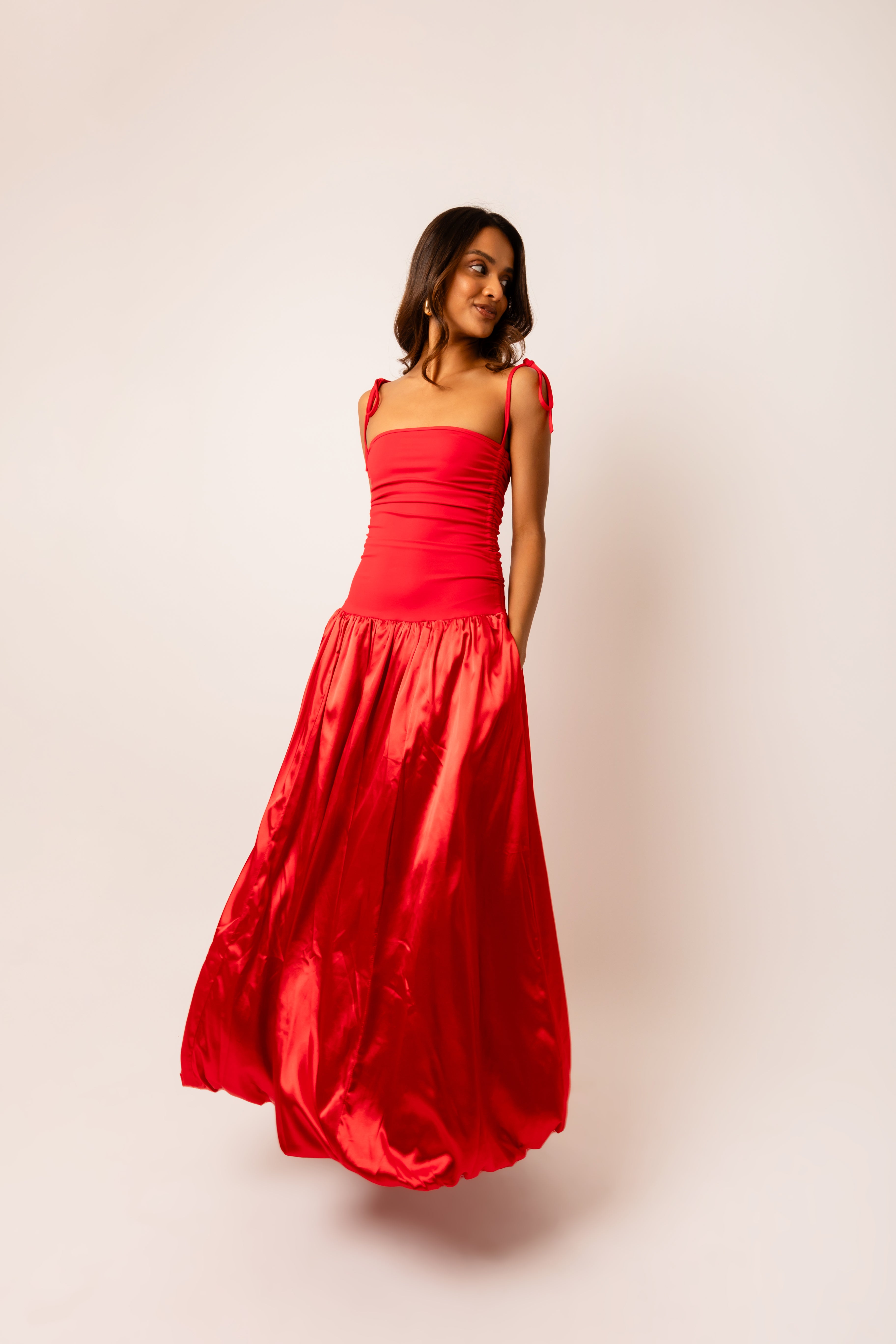 Alexa Red Satin Puffball Dress