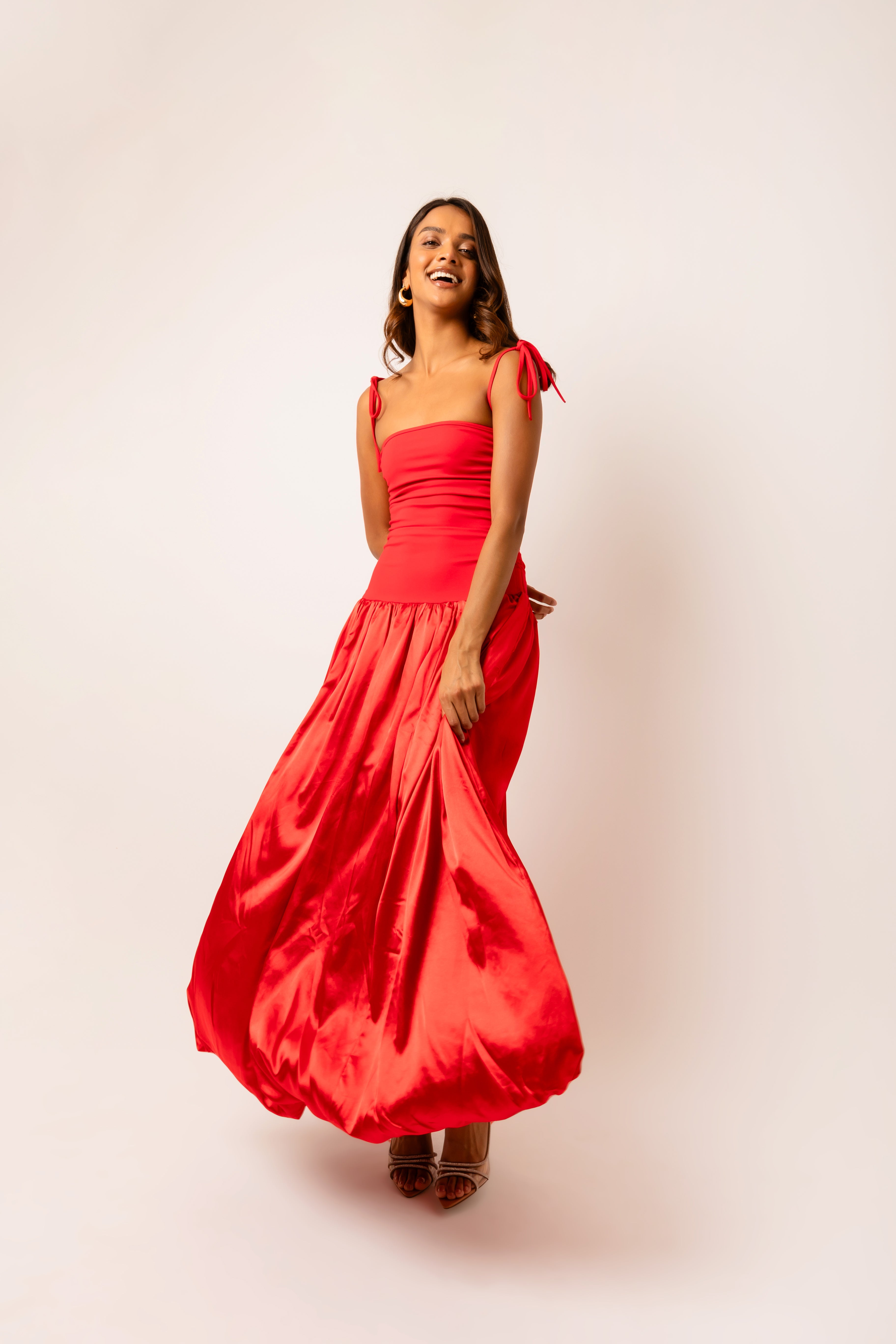 Alexa Red Satin Puffball Dress