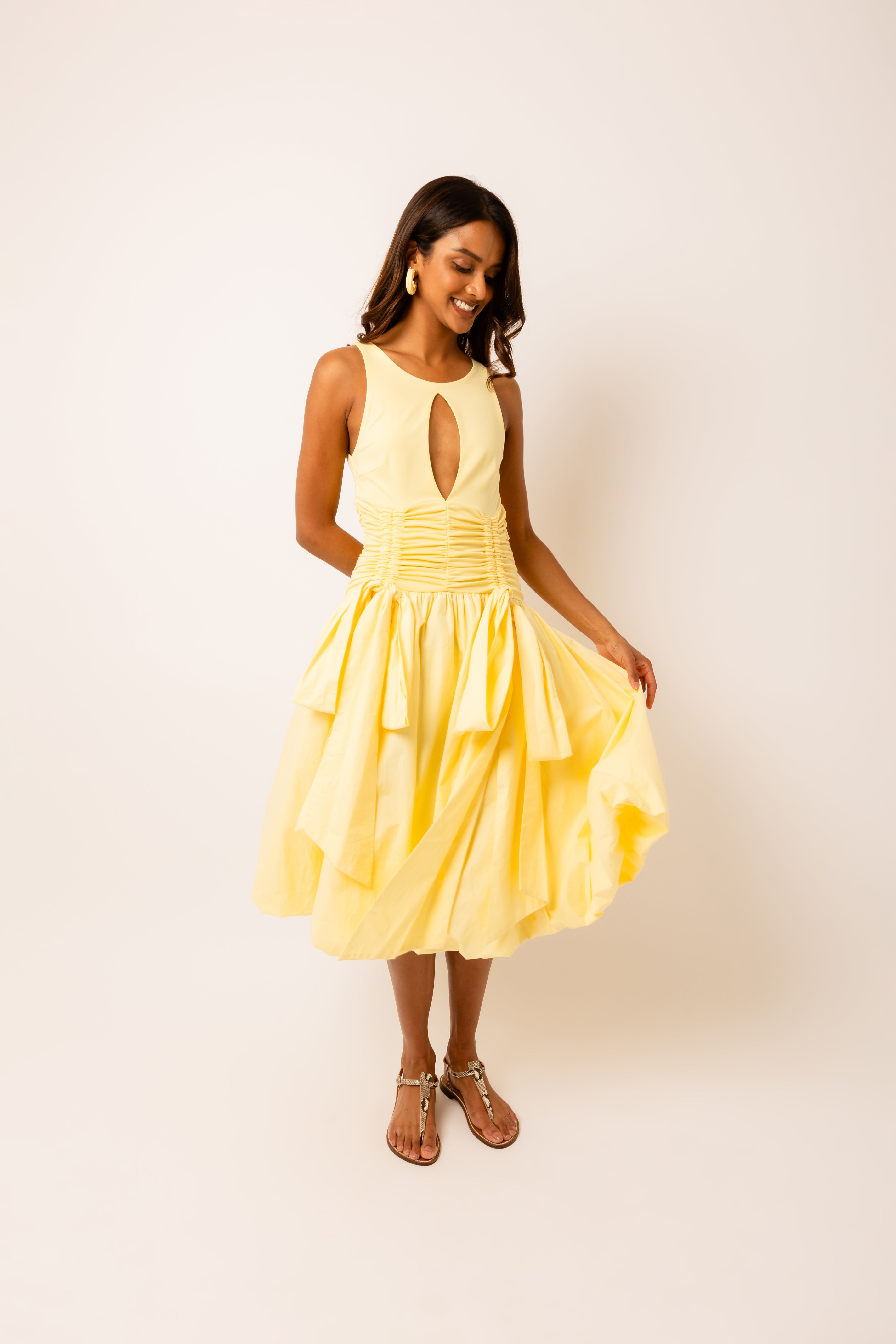 Bodhi Yellow Puffball Midi Dress