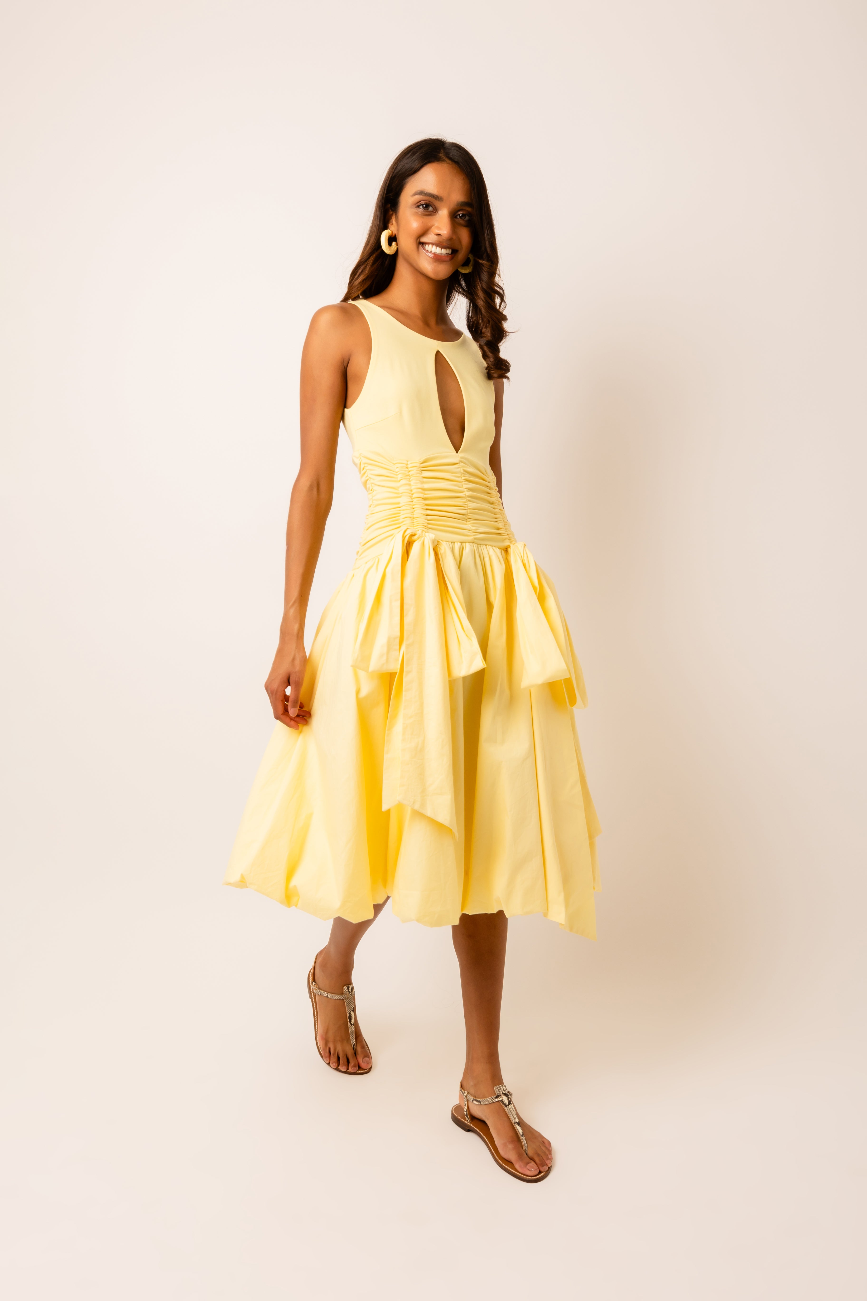 Bodhi Yellow Puffball Midi Dress