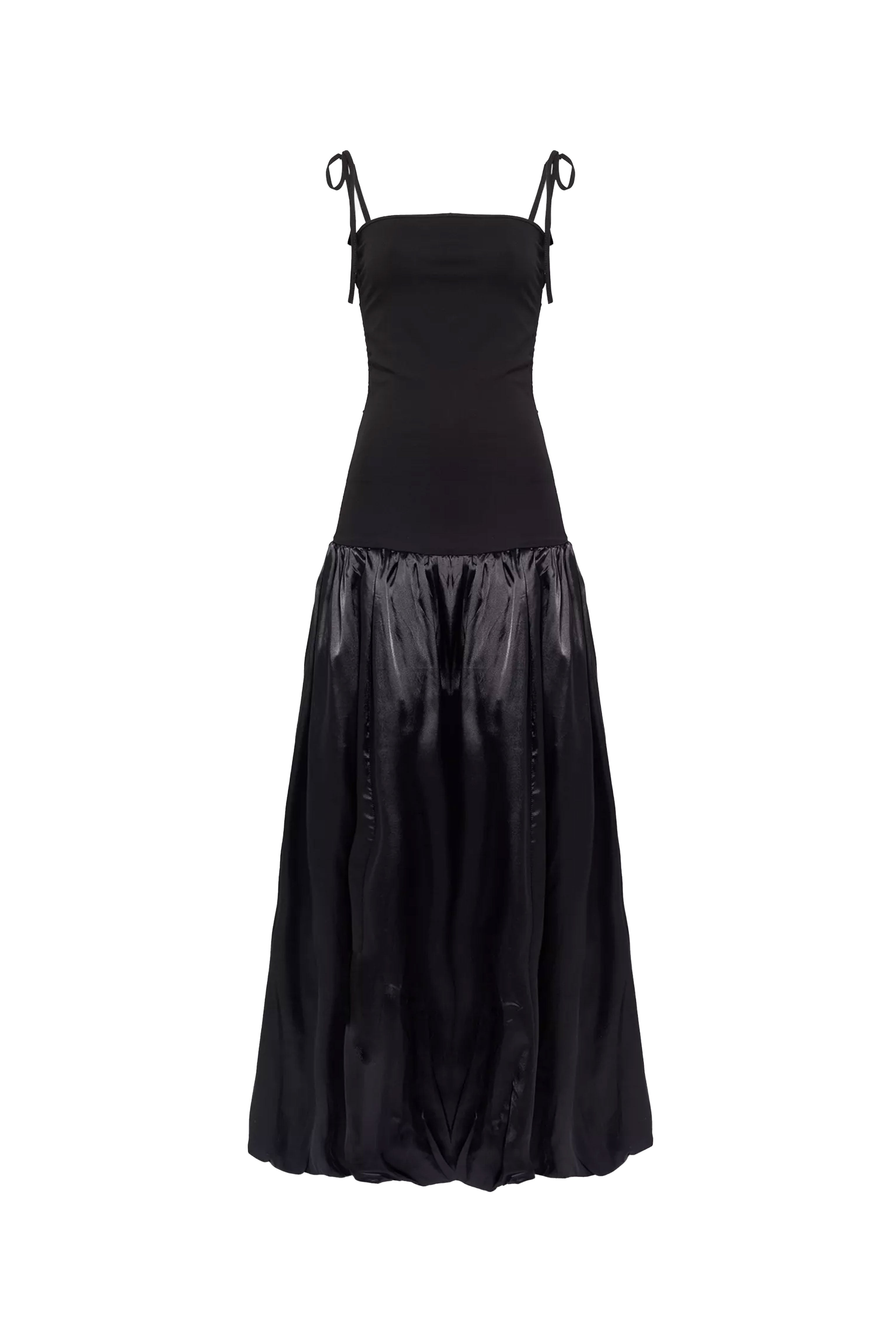 Alexa Black Satin Puffball Maxi Dress