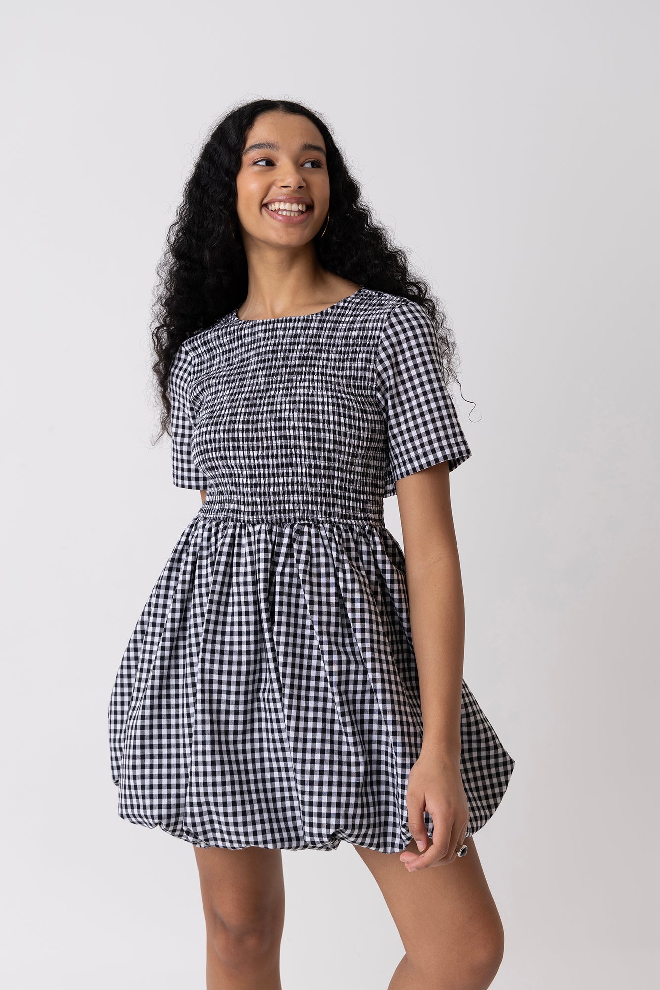 Kiran Black Gingham Mini Puffball Dress