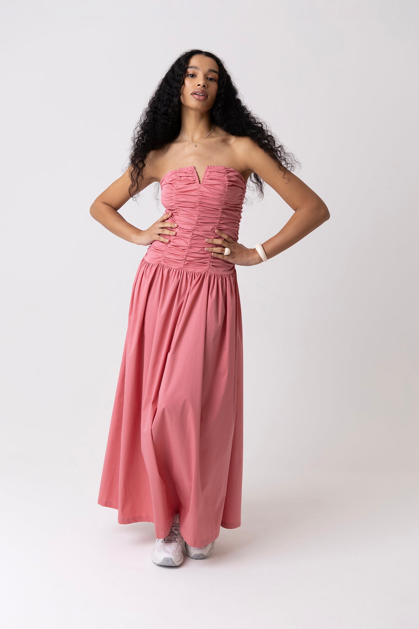 Shyla Pink Ruched Column Bardot Maxi Dress