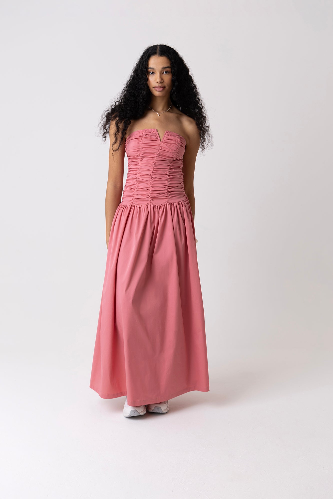 Shyla Pink Ruched Column Bardot Maxi Dress