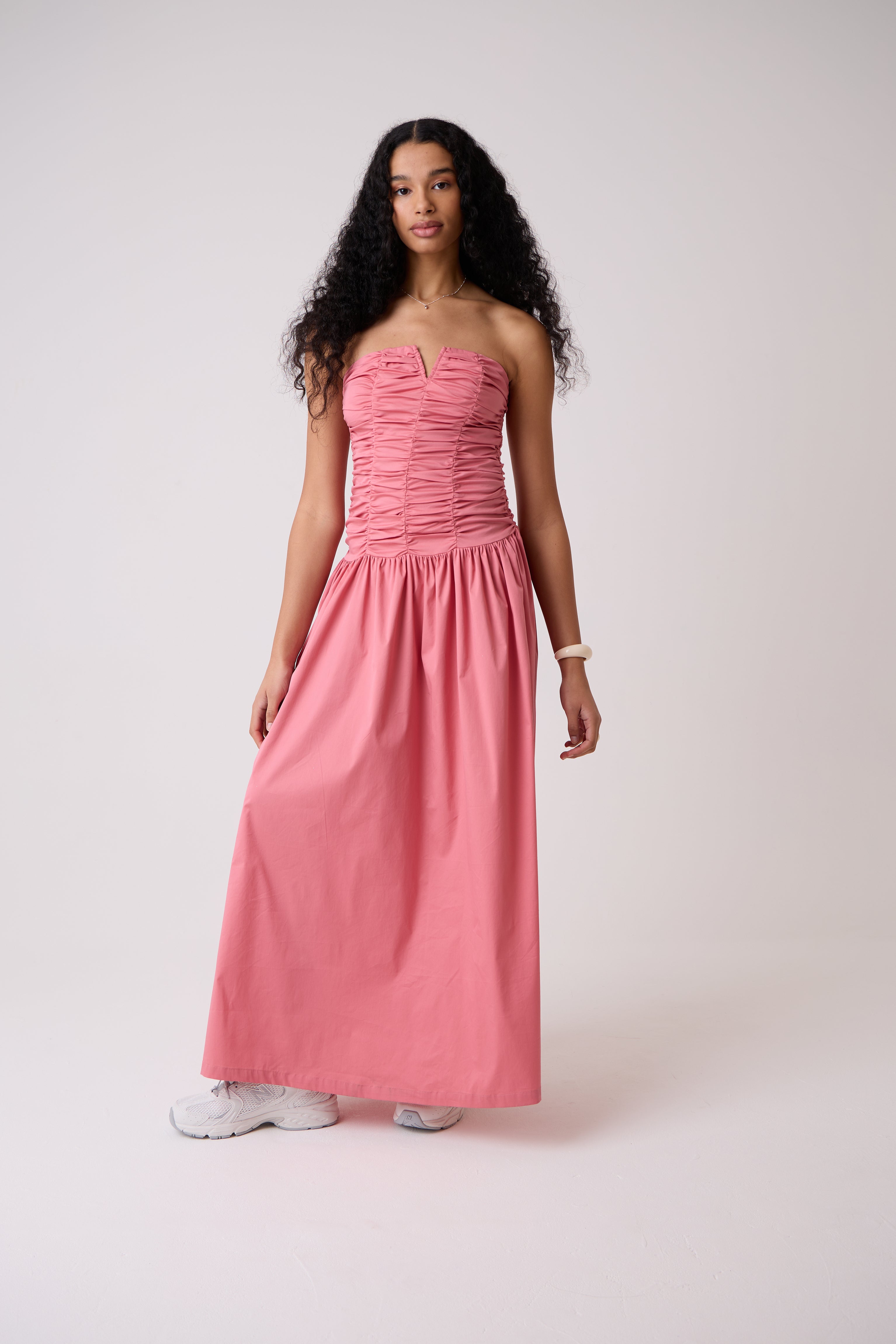 Shyla Pink Ruched Column Bardot Maxi Dress