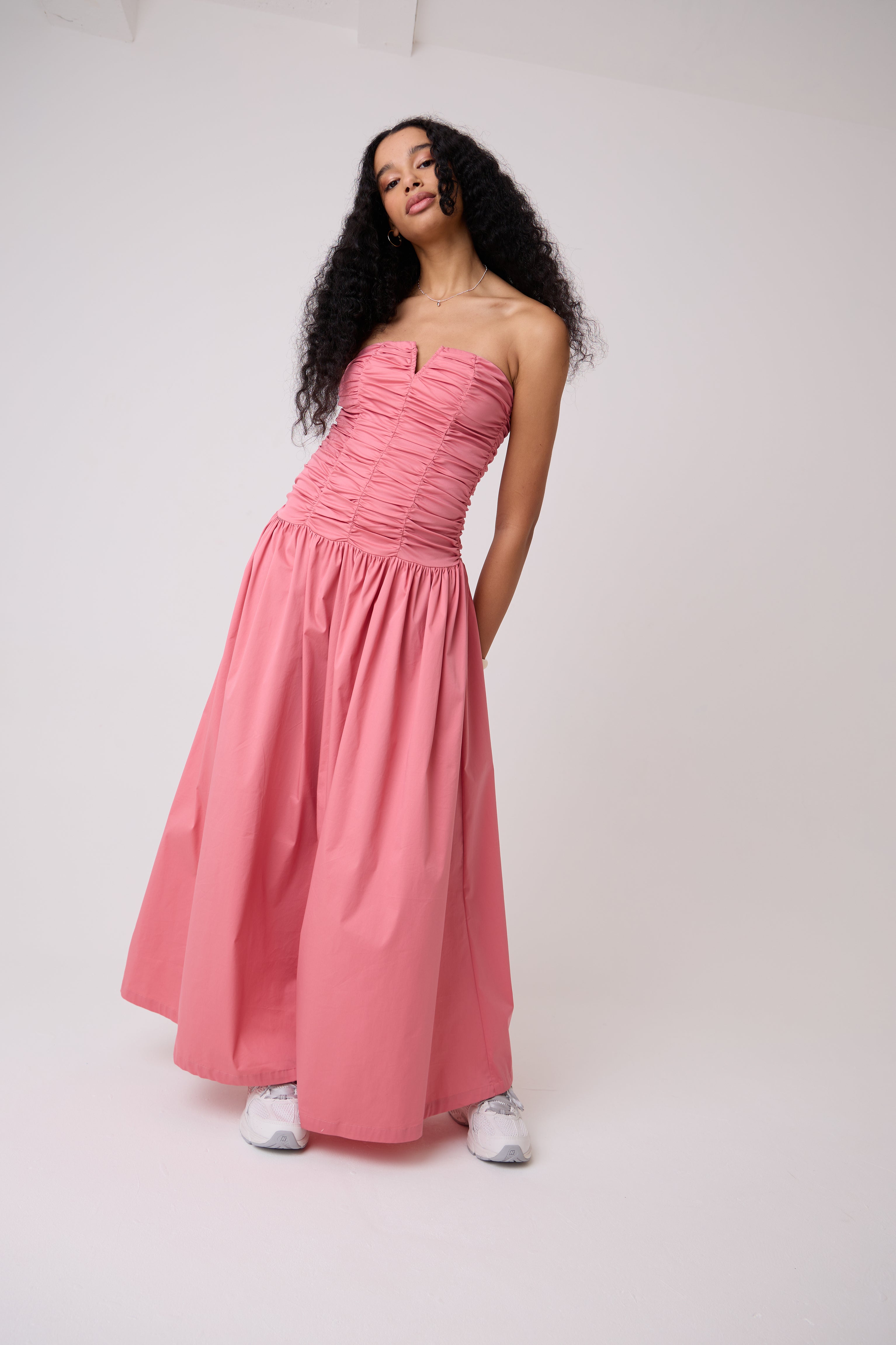 Shyla Pink Ruched Column Bardot Maxi Dress