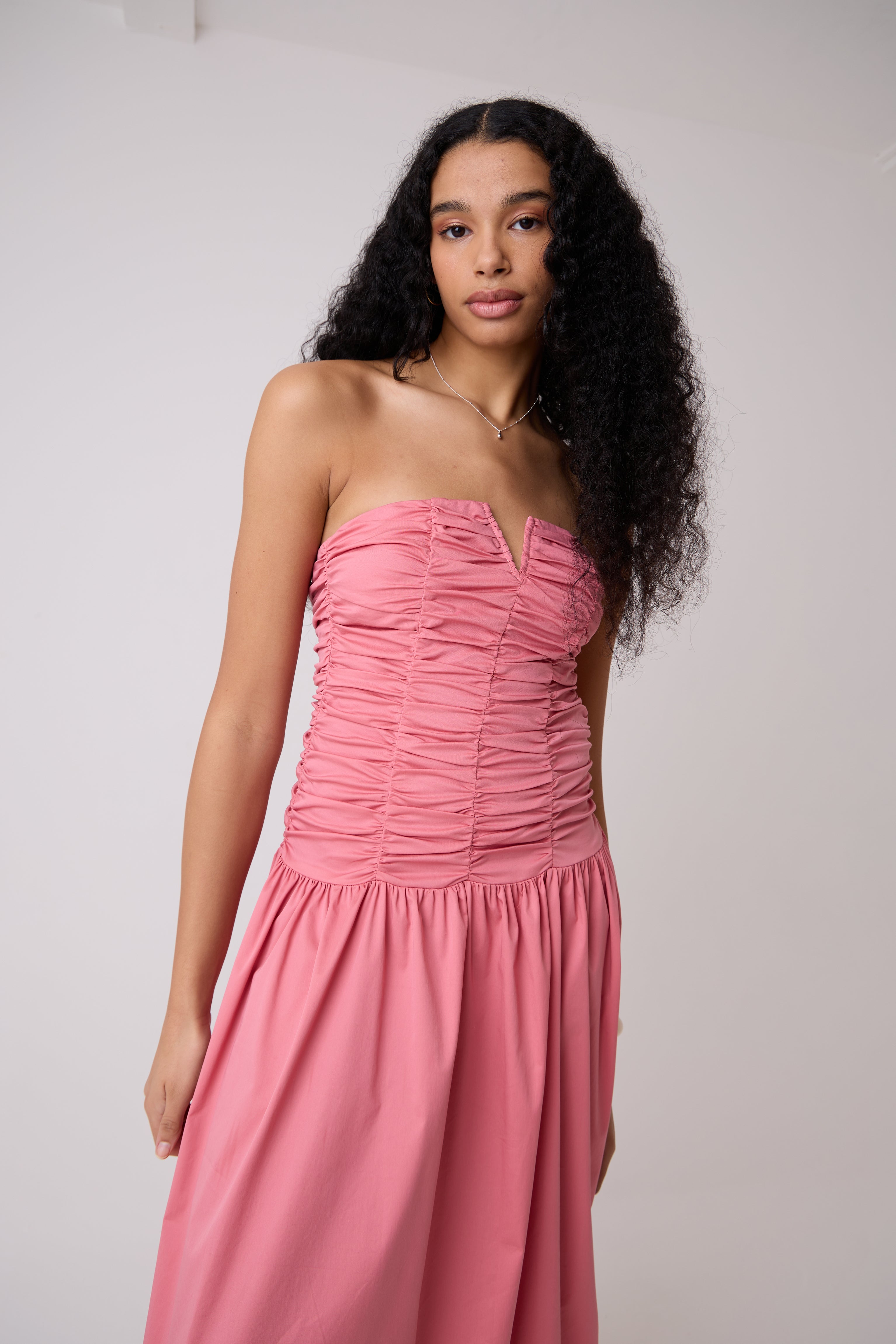 Shyla Pink Ruched Column Bardot Maxi Dress