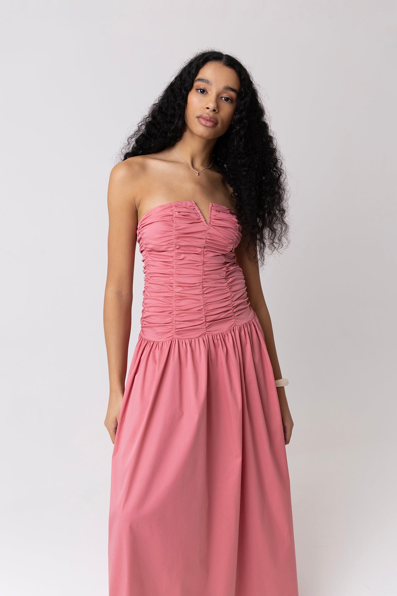 Shyla Pink Ruched Column Bardot Maxi Dress