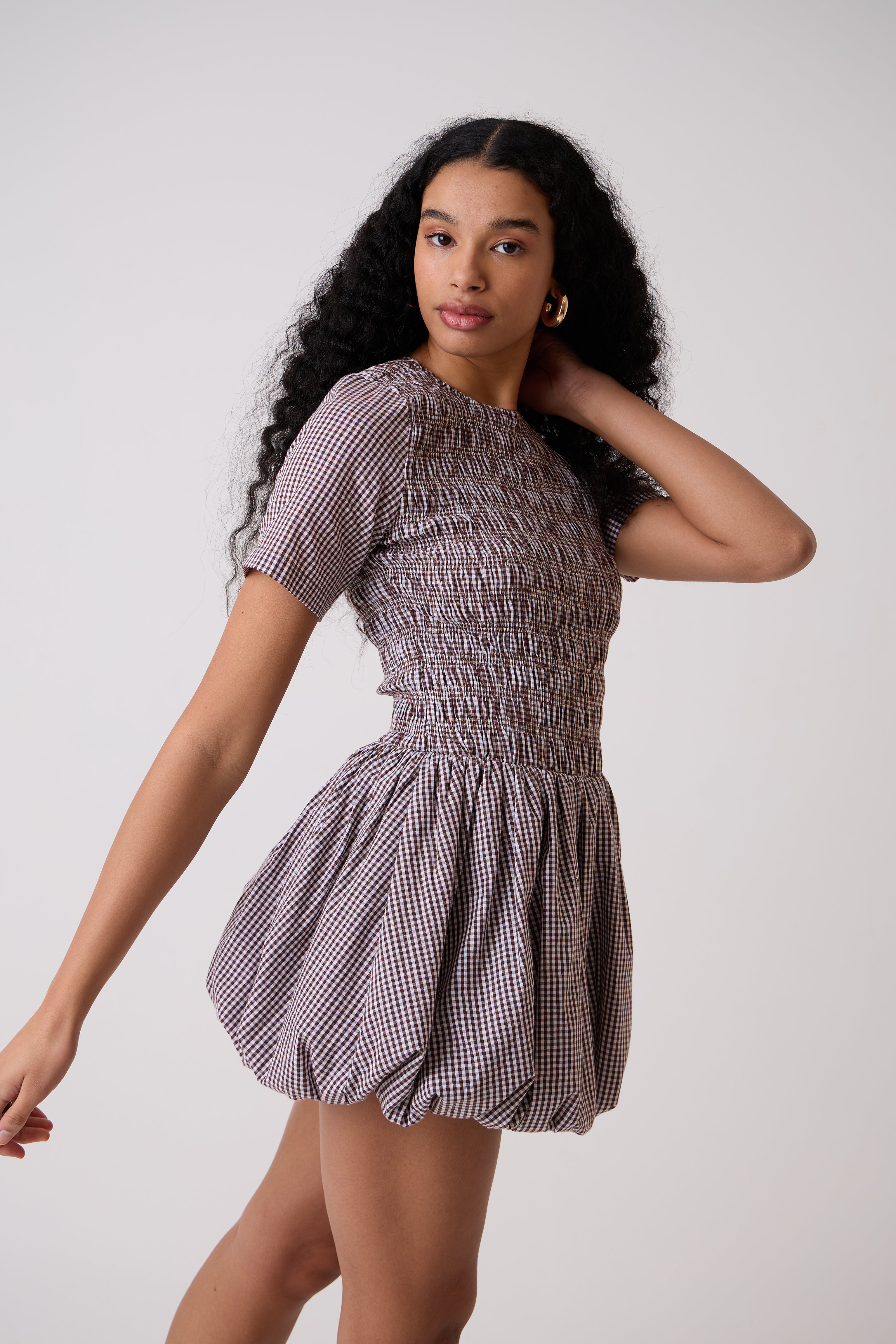 Eleanor Brown Gingham Mini Puffball Dress