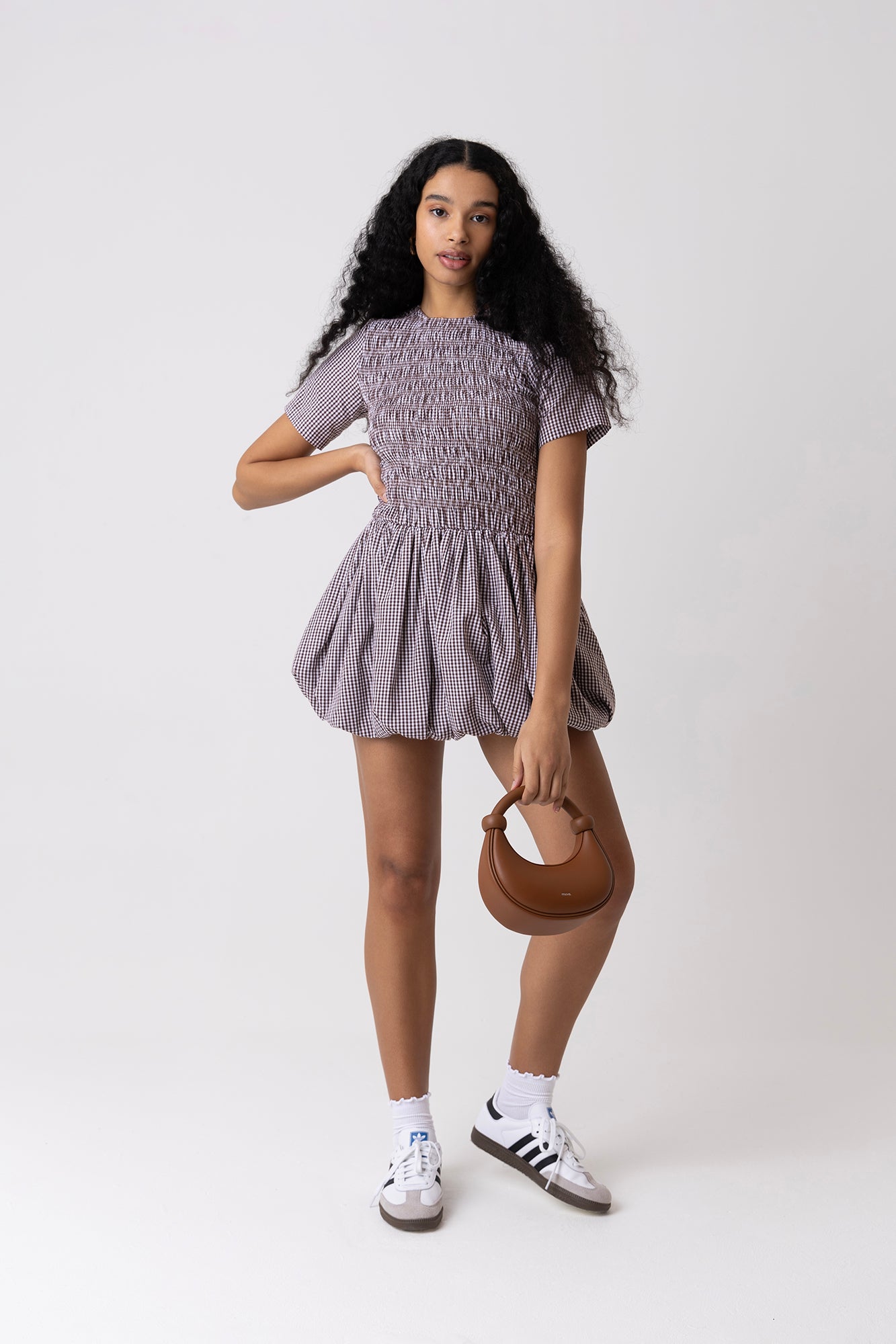 Eleanor Brown Gingham Mini Puffball Dress