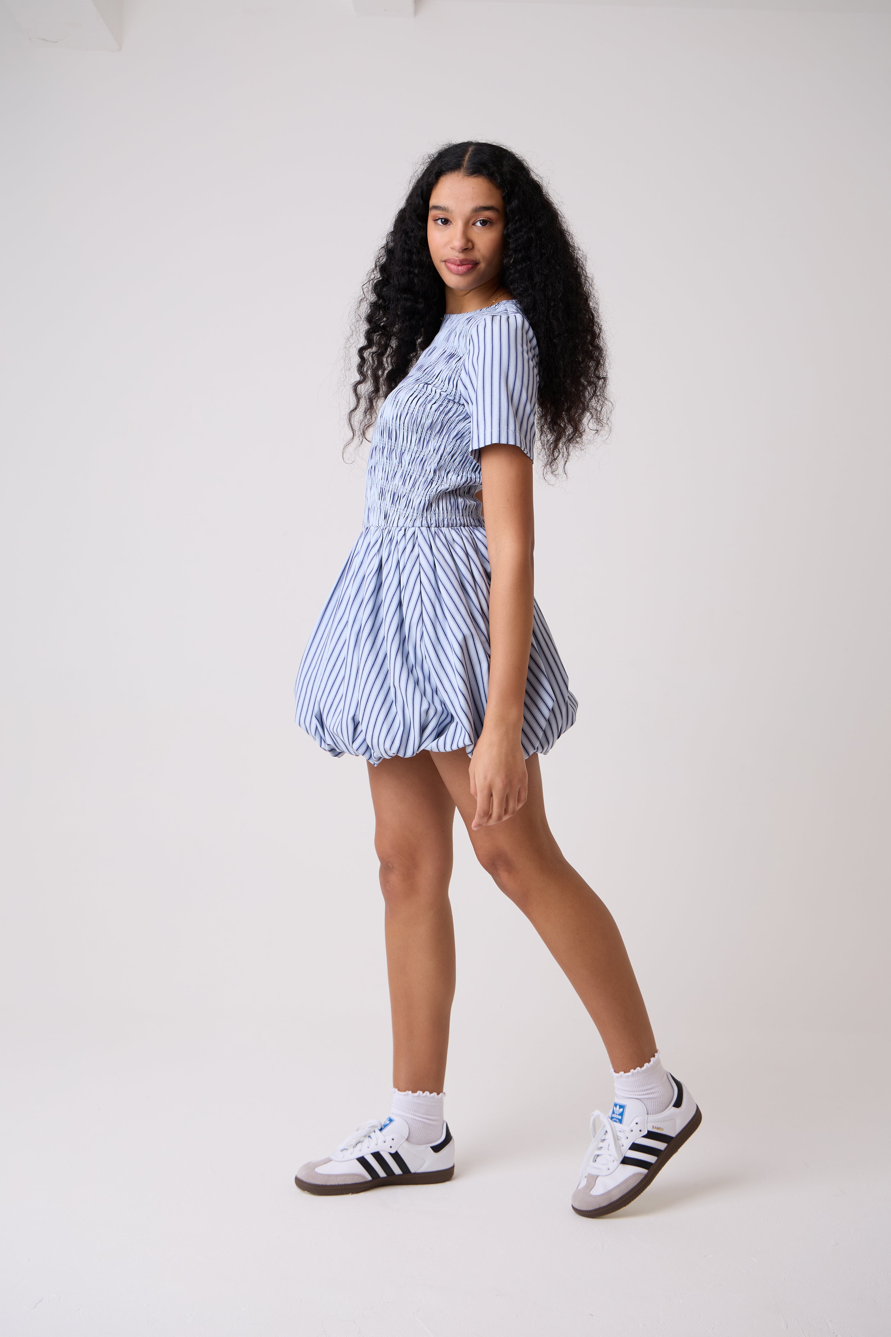 Eleanor Blue Stripe Mini Puffball Dress