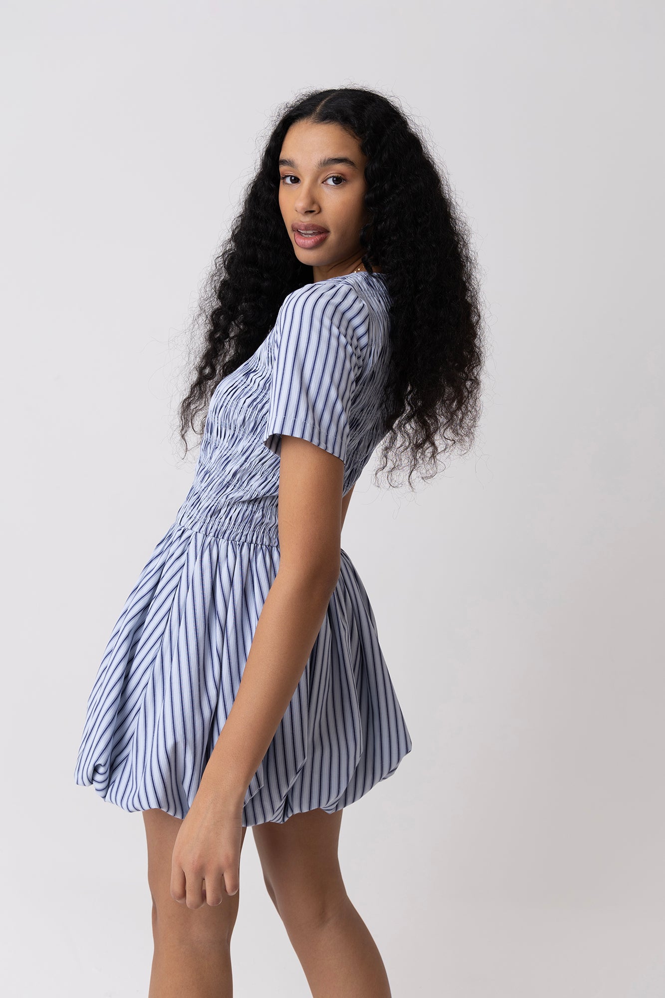 Eleanor Blue Stripe Mini Puffball Dress