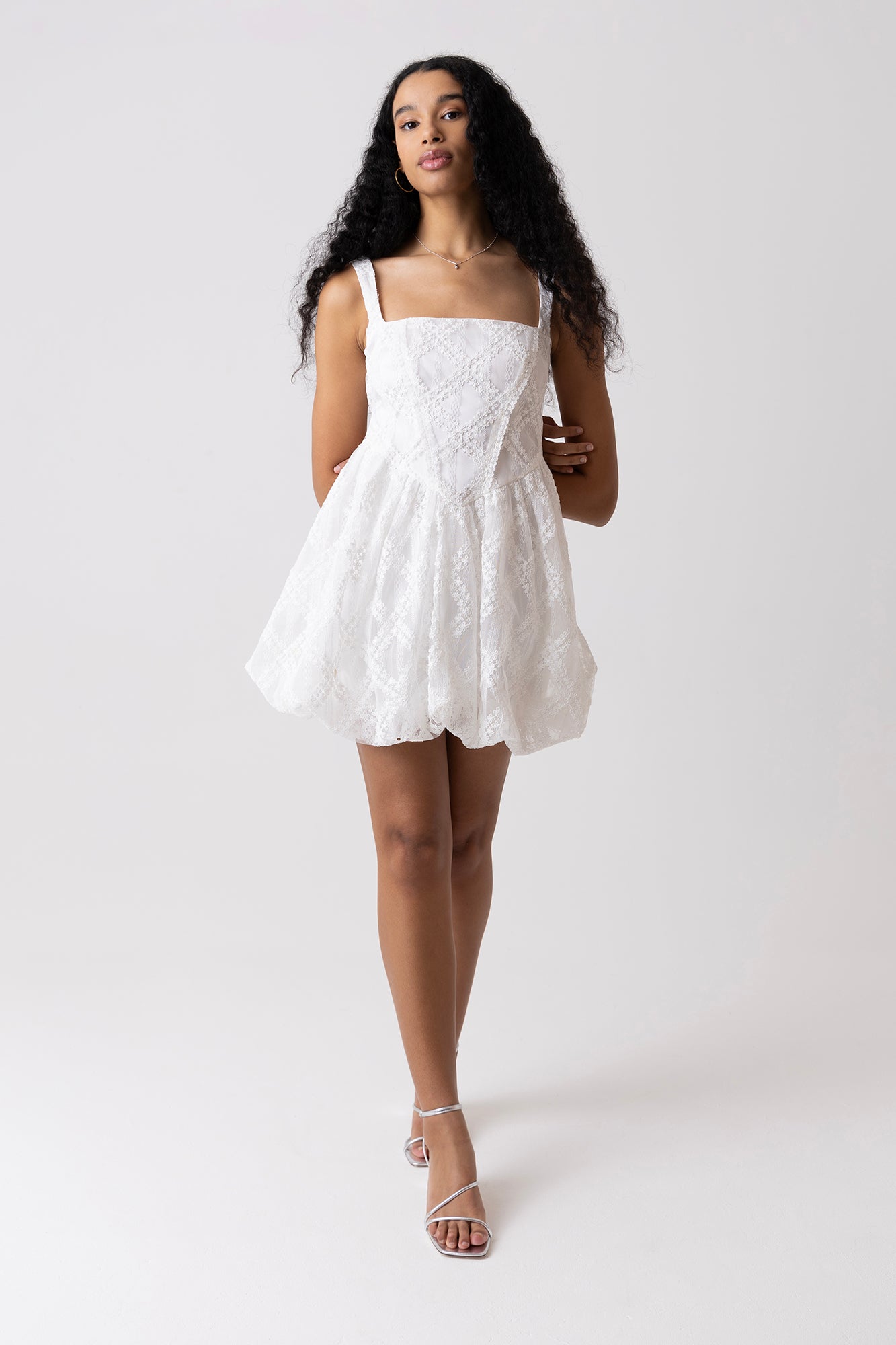 Lisa White Lace Embellished Mini Puffball Dress