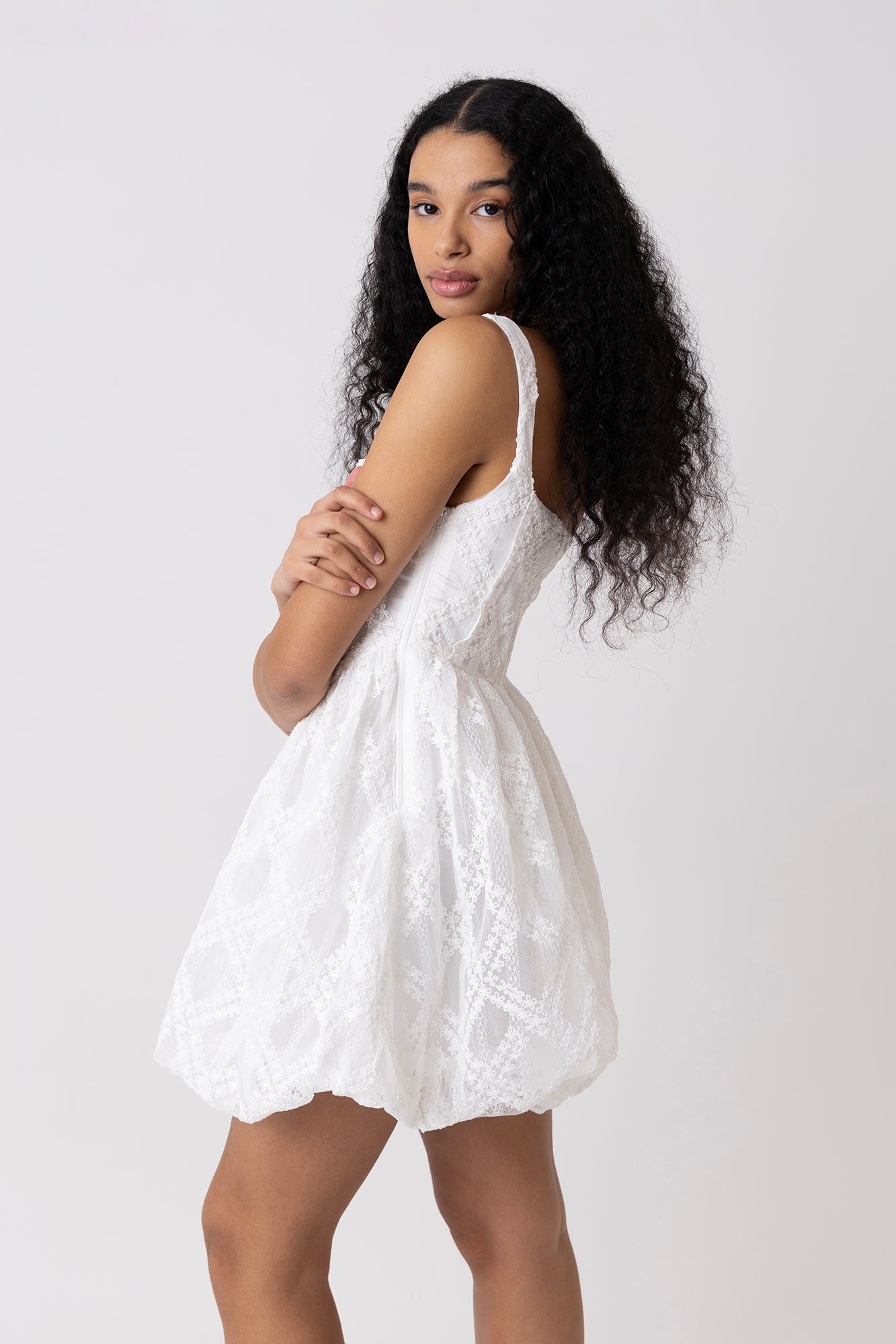 Lisa White Lace Embellished Mini Puffball Dress