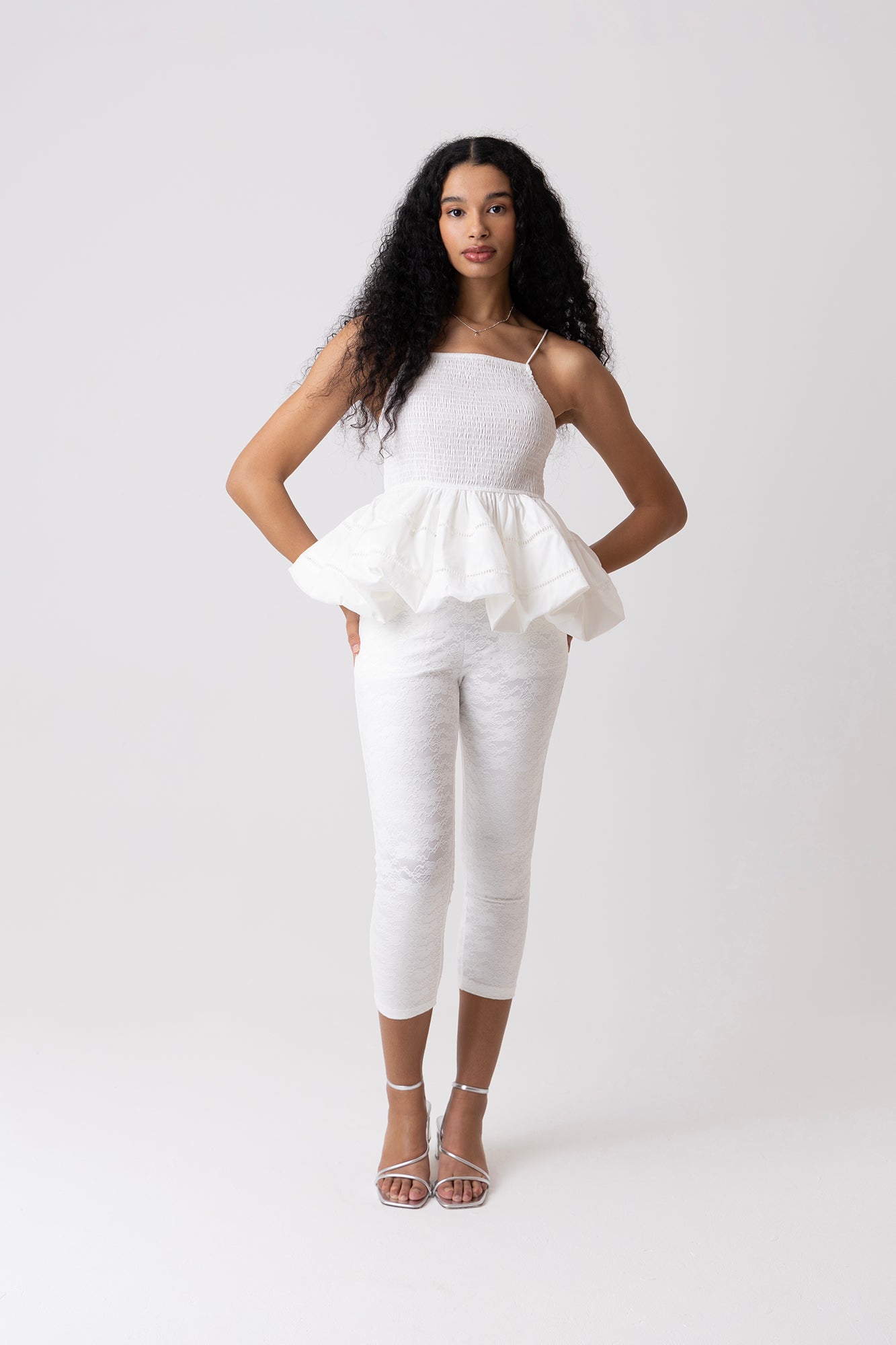 Penny White Shirred Peplum Top