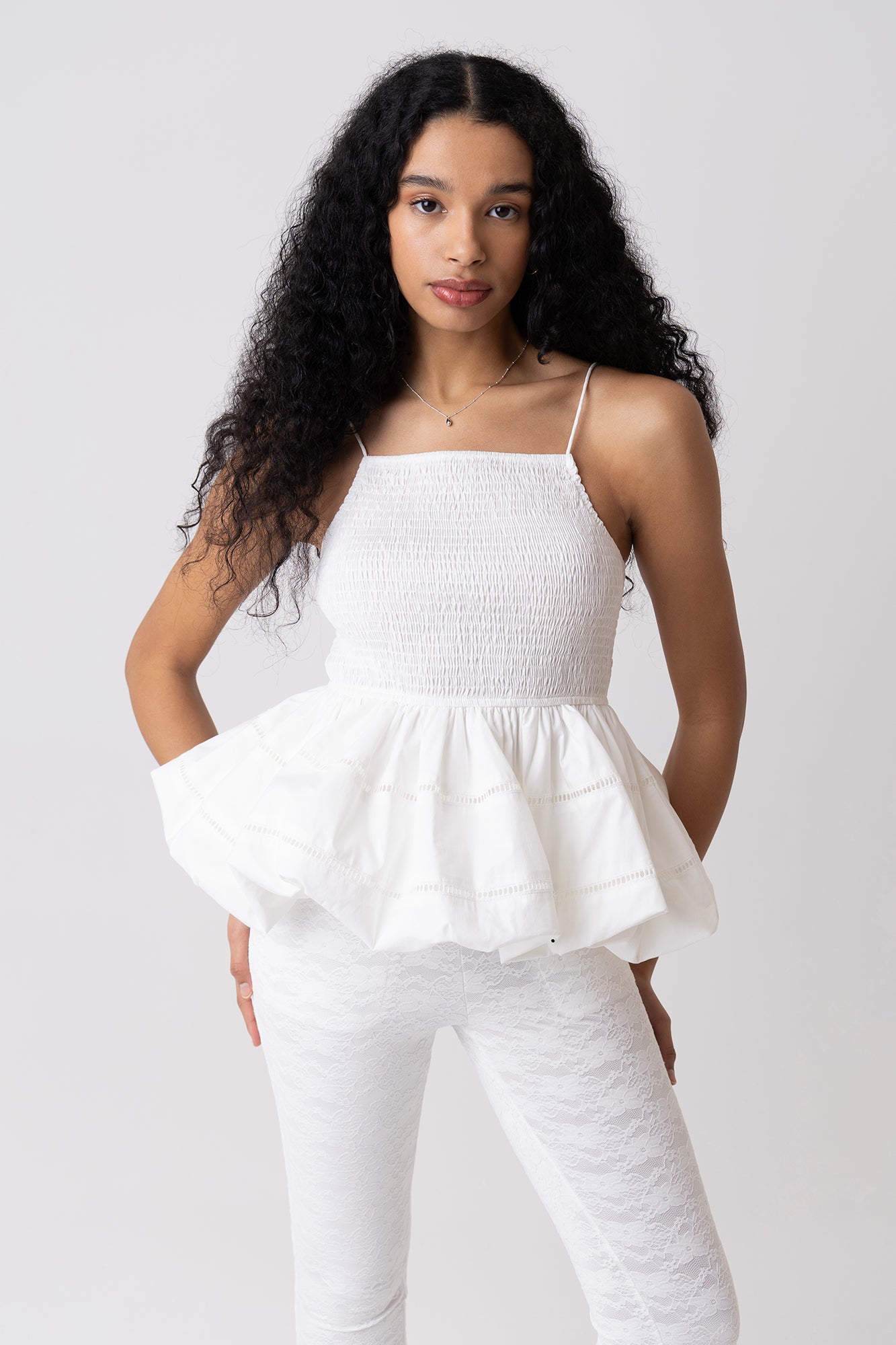 Penny White Shirred Peplum Top