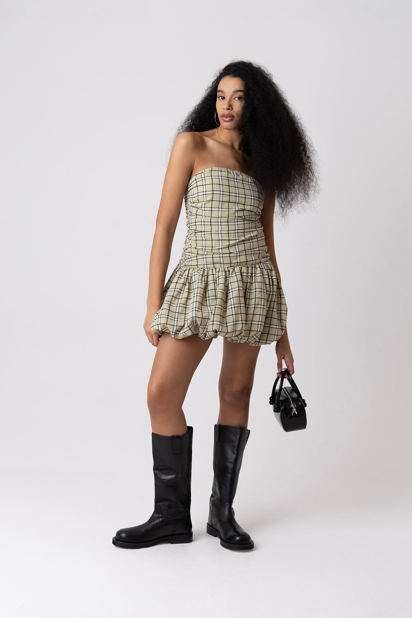 Dionne Green Check Tartan Puffball Mini Dress