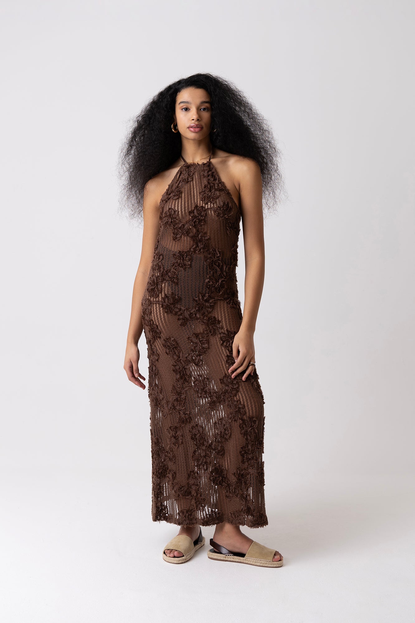 Cici Brown Floral Crochet Maxi Dress