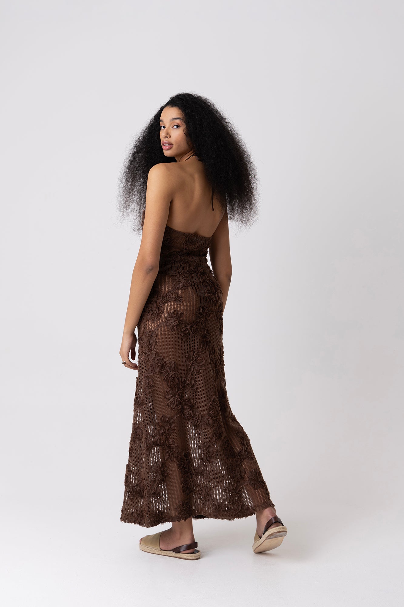 Cici Brown Floral Crochet Maxi Dress