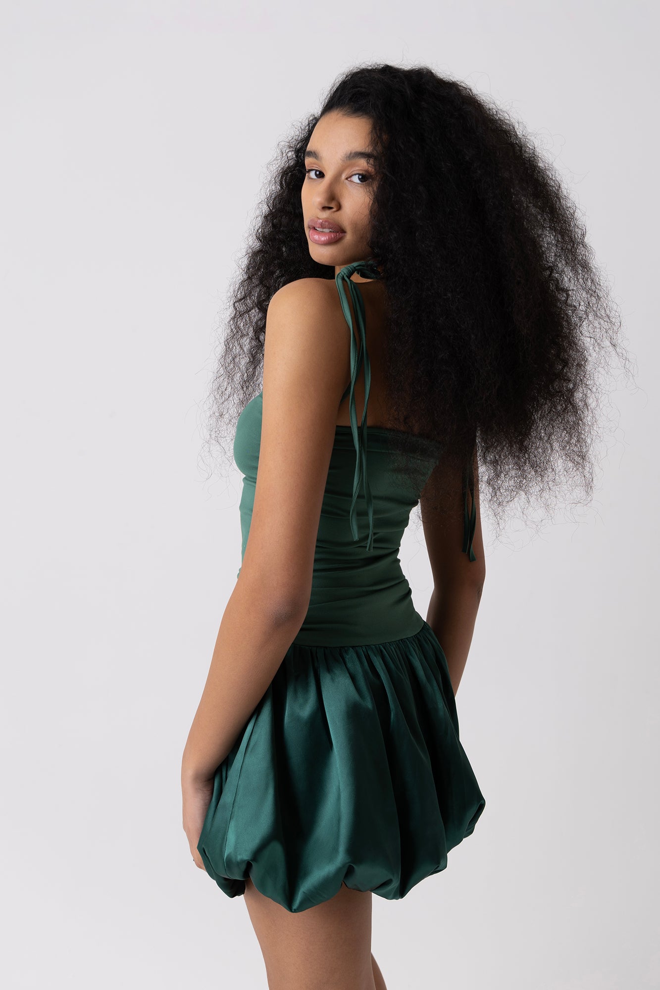 Alexa Emerald Green Satin Puffball Ultra Mini Dress