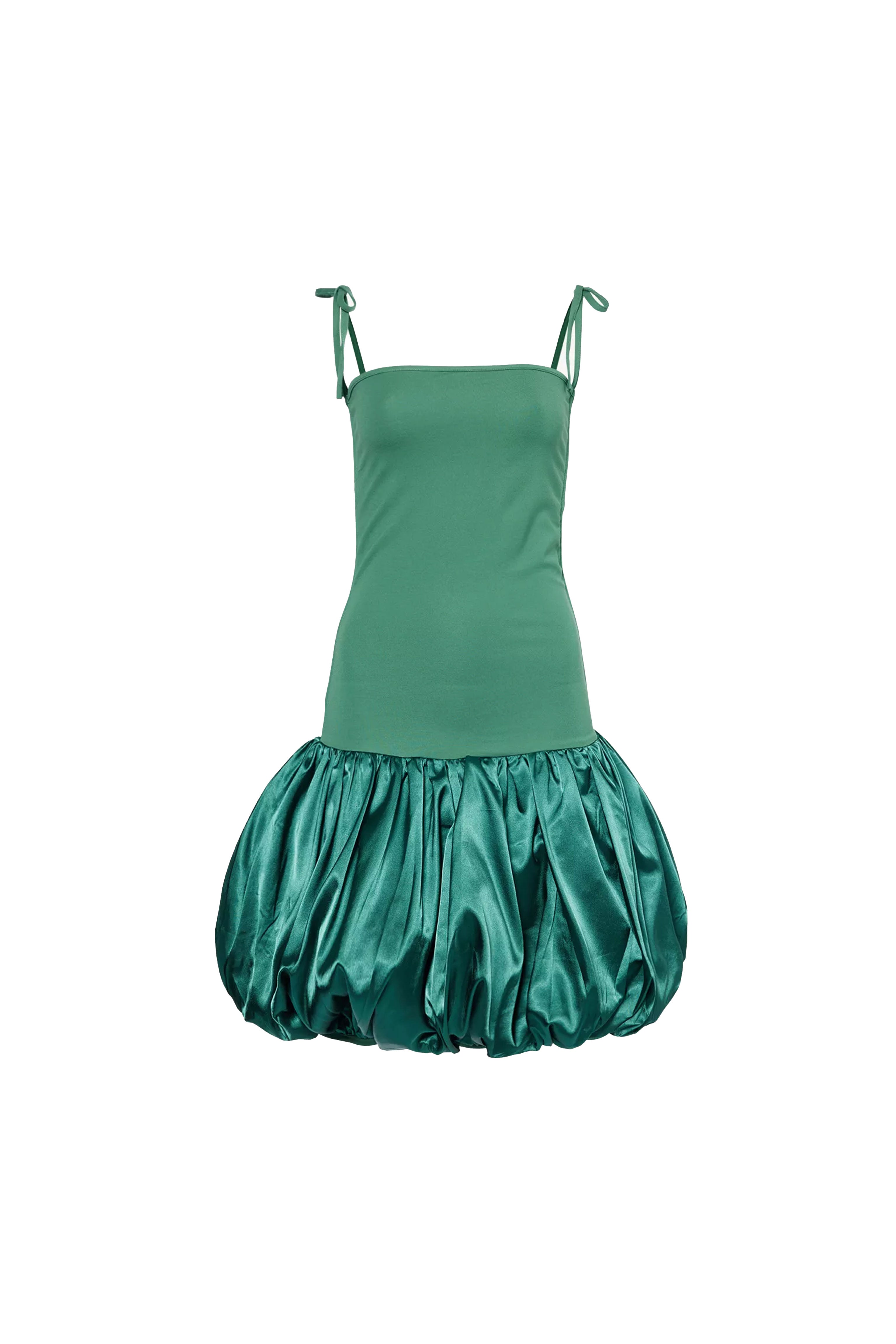 Alexa Emerald Green Satin Puffball Ultra Mini Dress