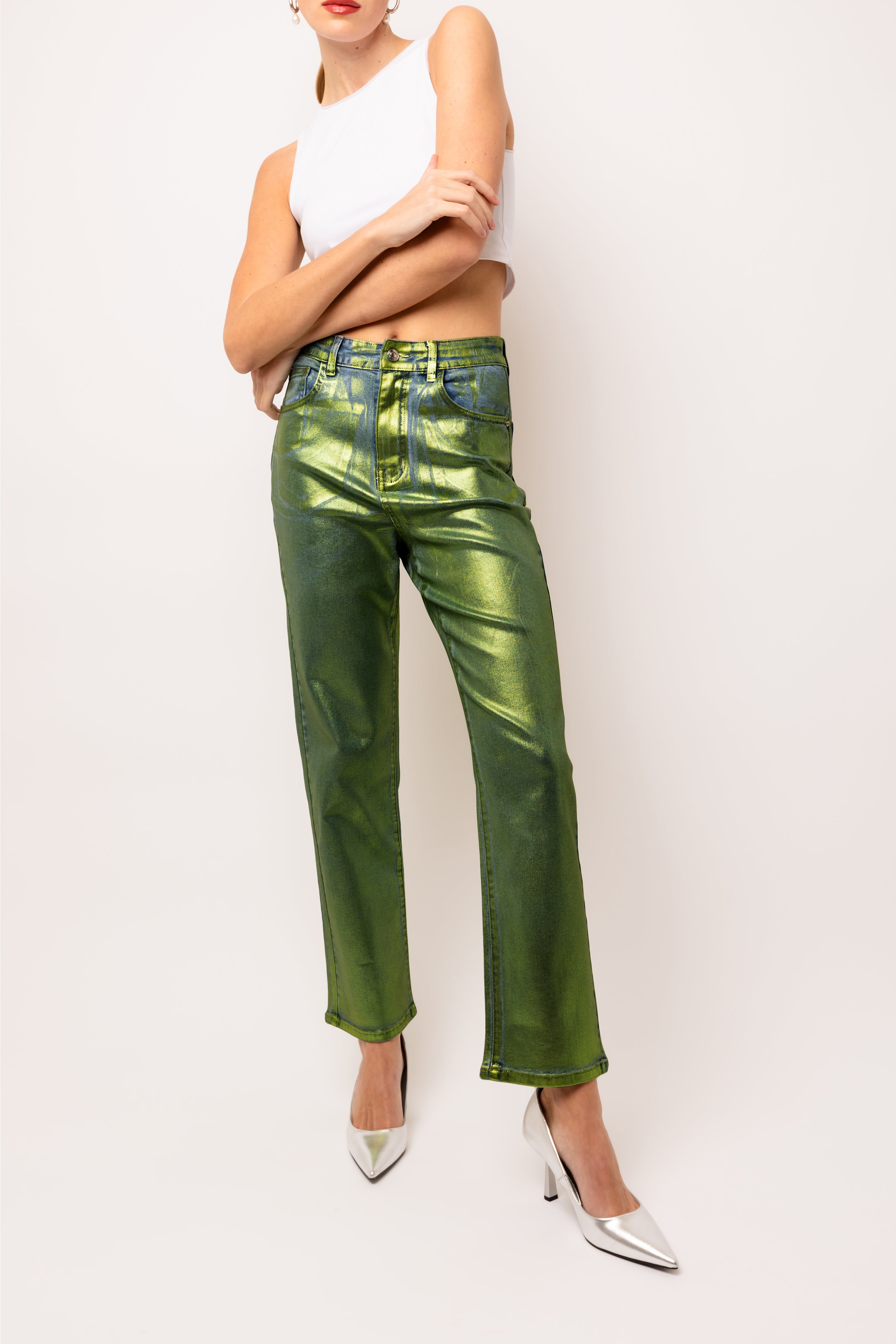 Lupe Green Denim Foil Coated Trousers