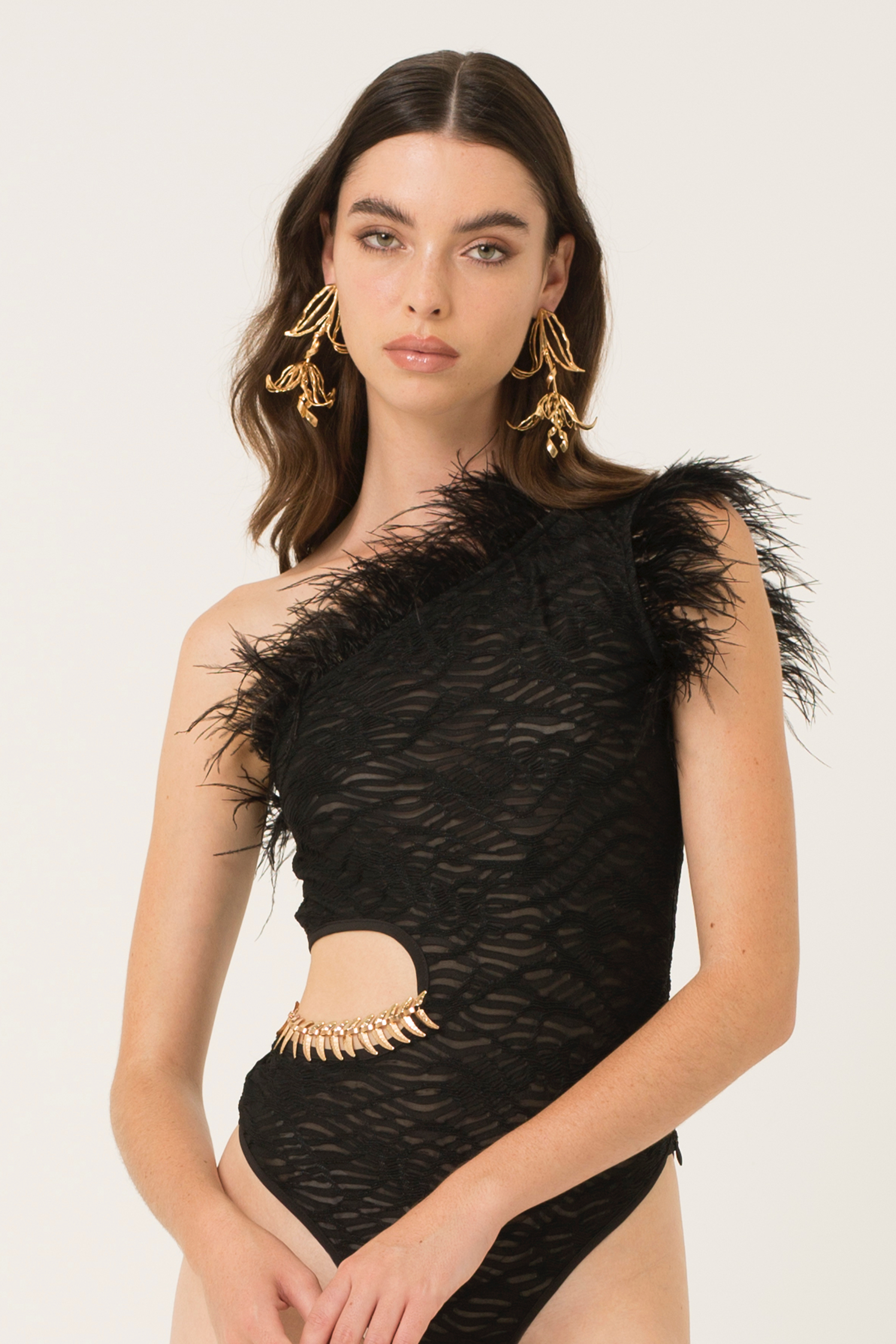 Danica Black Feather Trim Asymmetric Bodysuit