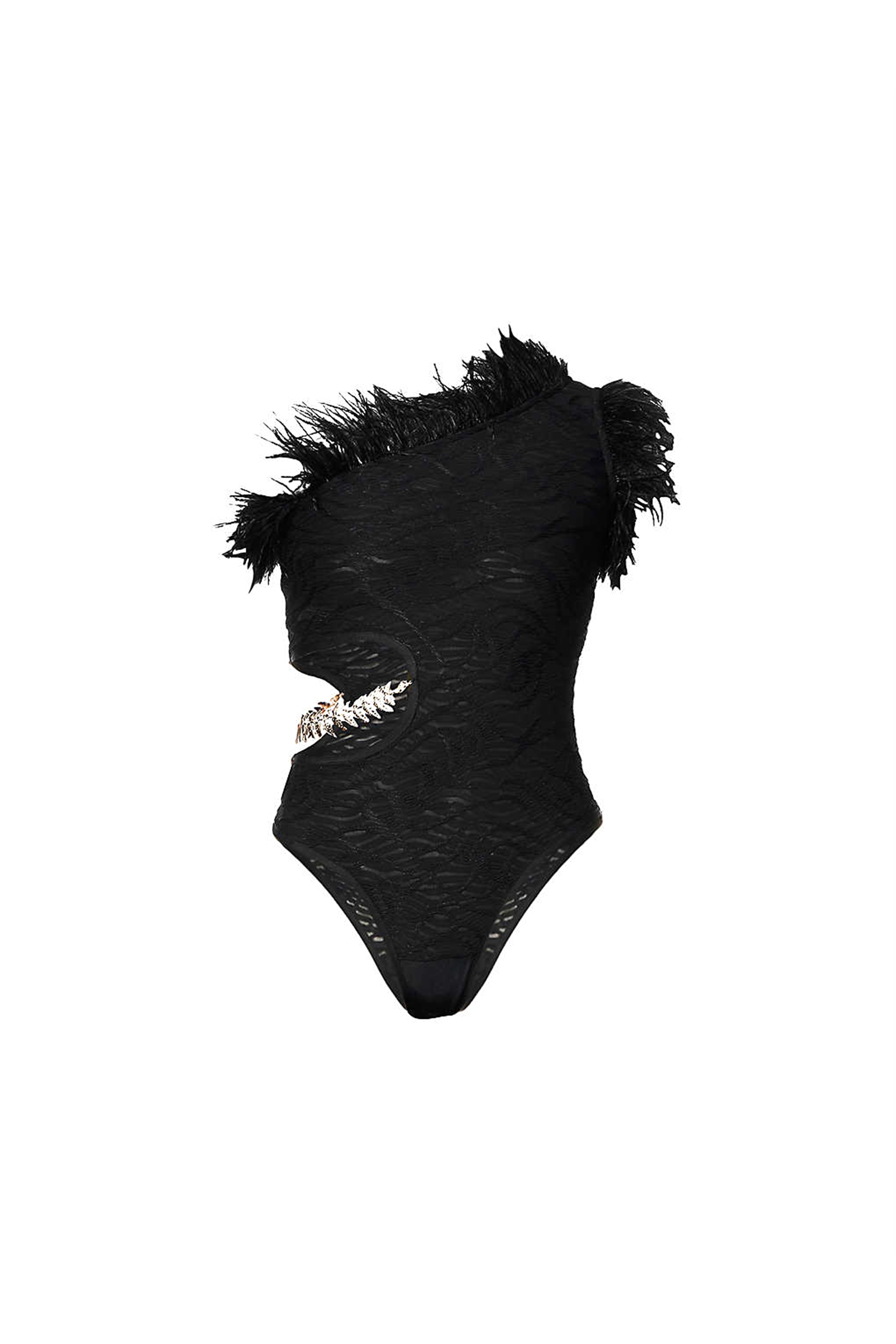 Danica Black Feather Trim Asymmetric Bodysuit