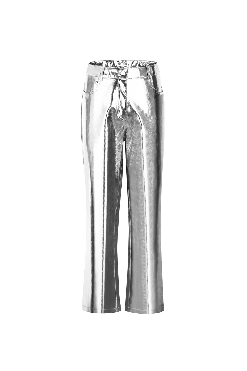 Lupe Silver Metallic Straight Leg High Rise Faux Leather Trousers Amylynn