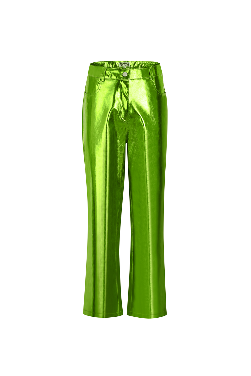 Lupe Green Metallic Straight Leg High Rise Faux Leather Trousers Amylynn